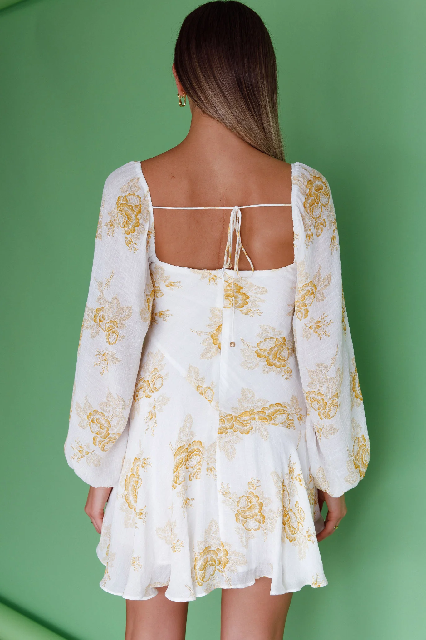 Beaujolais Long Sleeve Cowl Neckline Ruffle Mini Dress Floral Yellow - Seraphlike