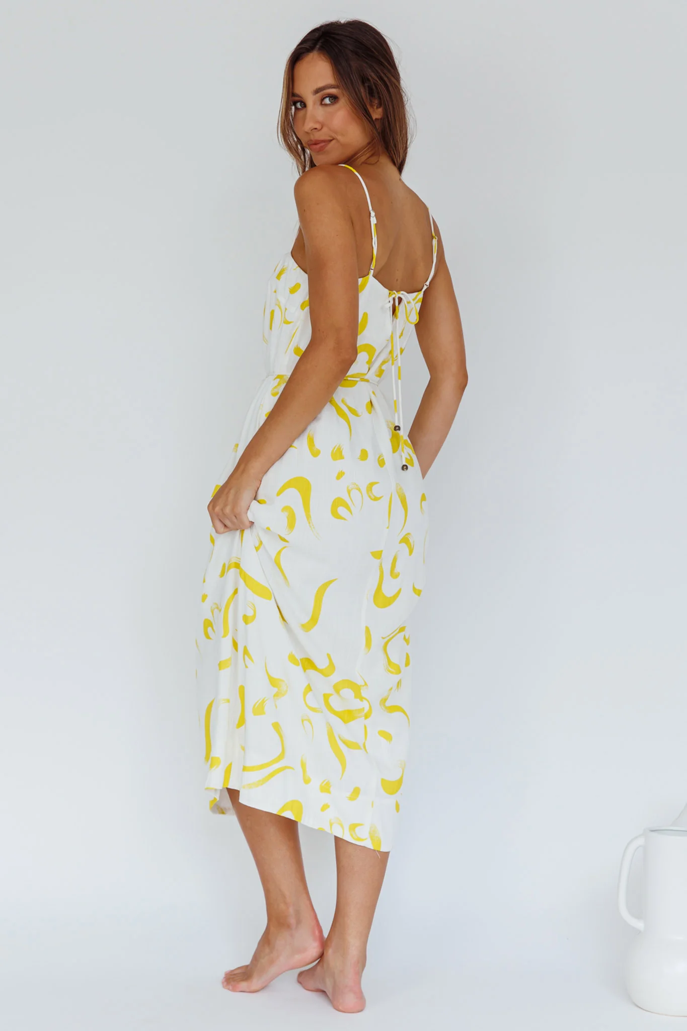 Rossy Waist Tie Midi Dress Printed Yellow - Seraphlike