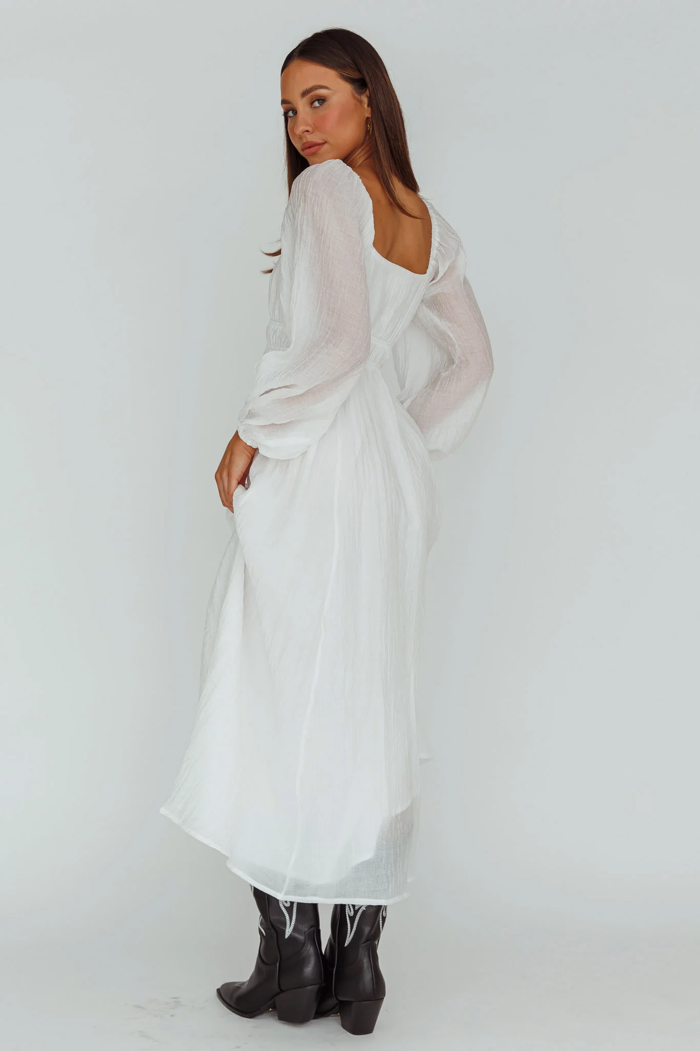 Kylin Balloon Sleeve Tied Bust Maxi Dress White - Seraphlike