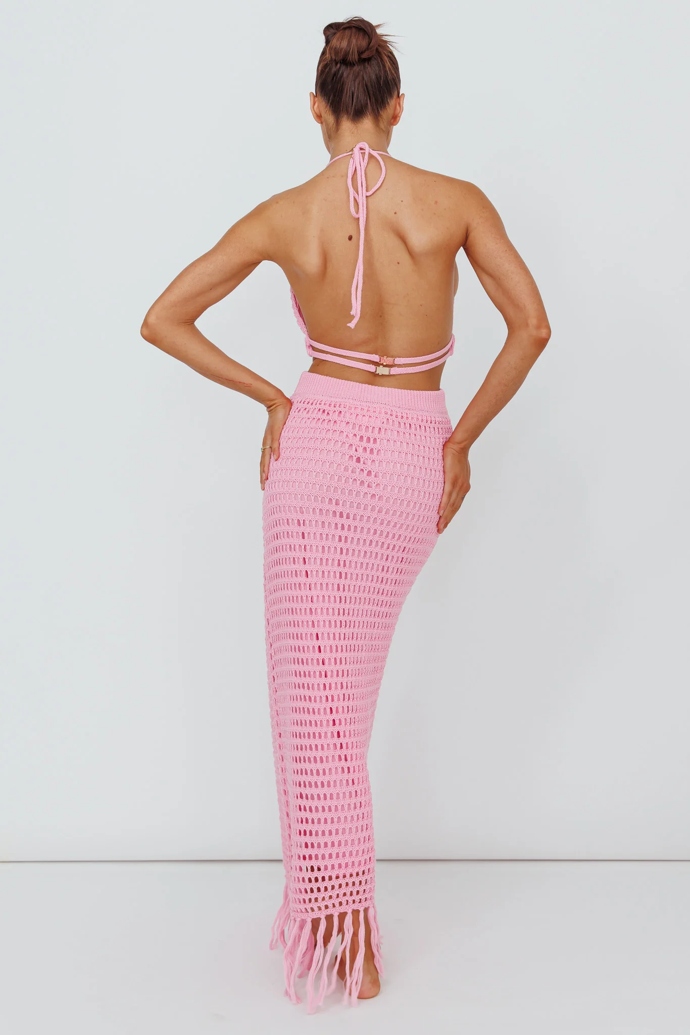 Lelei Crochet Open Back Maxi Dress Pink - Seraphlike