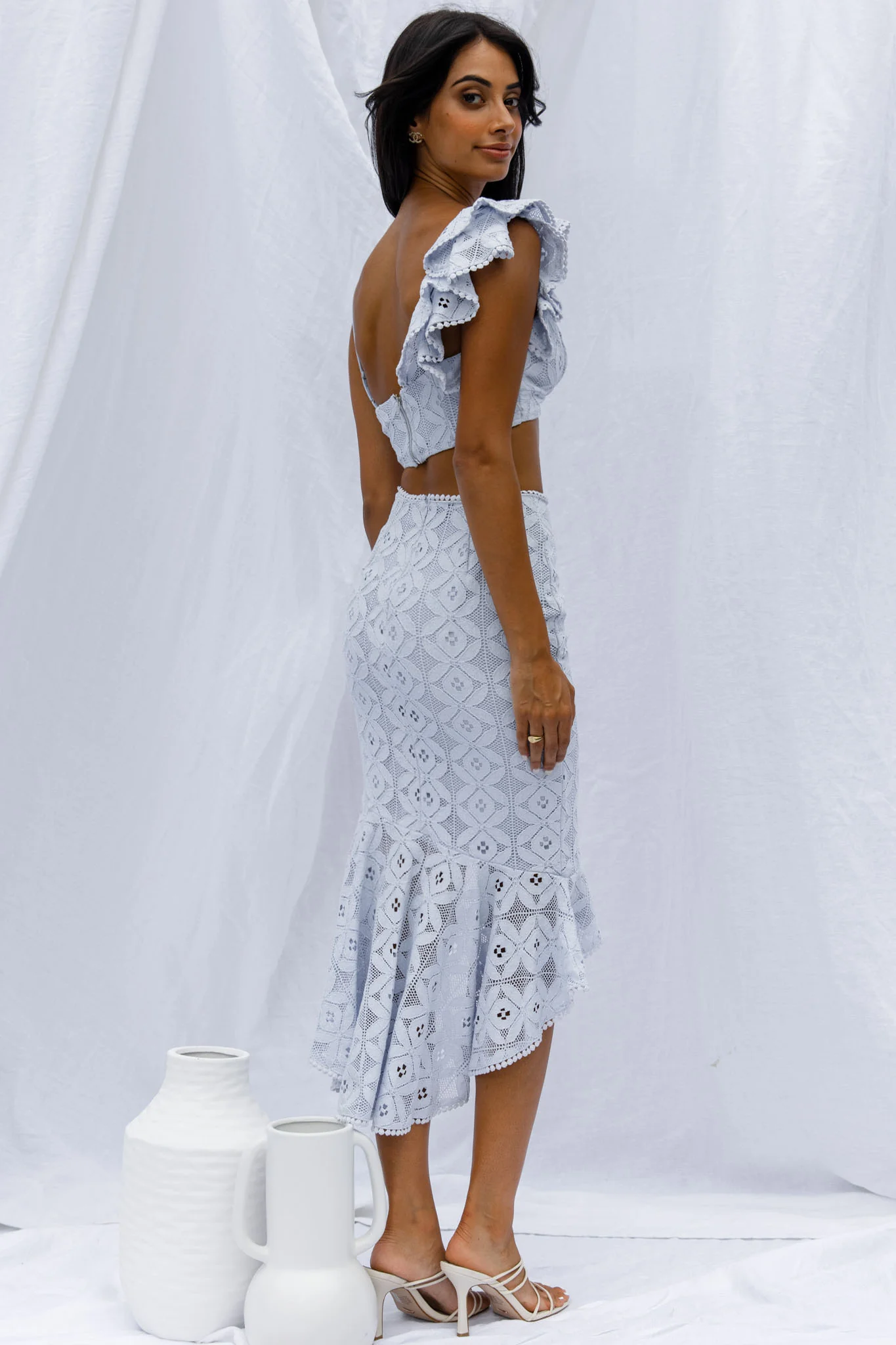 Talk About Me Asymmetrical Ruffle Hem Midi Skirt Steel Blue - Seraphlike