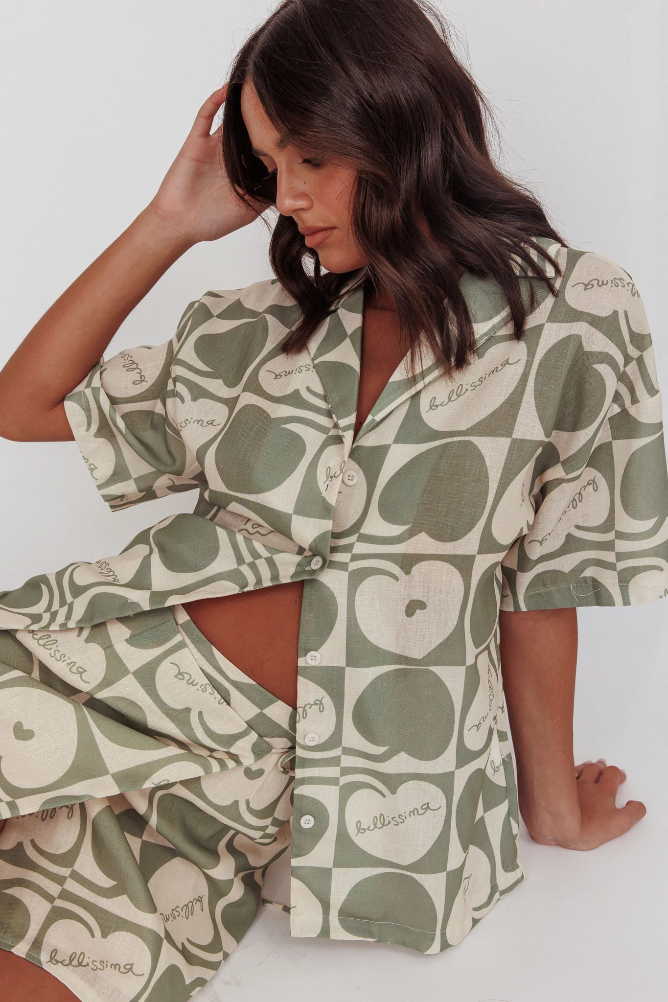 Ithaca Cherry Print Short Sleeve Shirt Sage Beige - Seraphlike