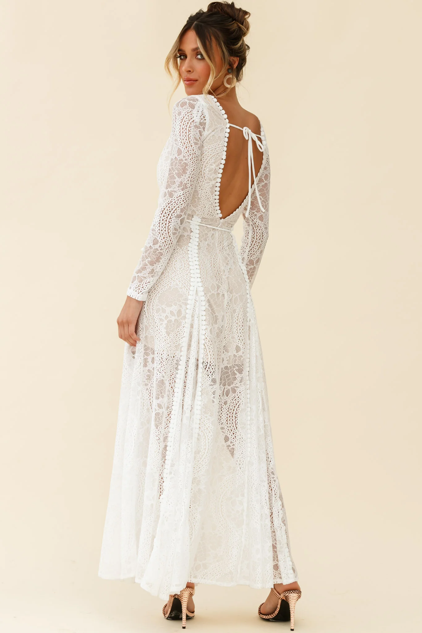 Palm Springs Long Sleeve Lace Overlay Maxi Dress White - Seraphlike