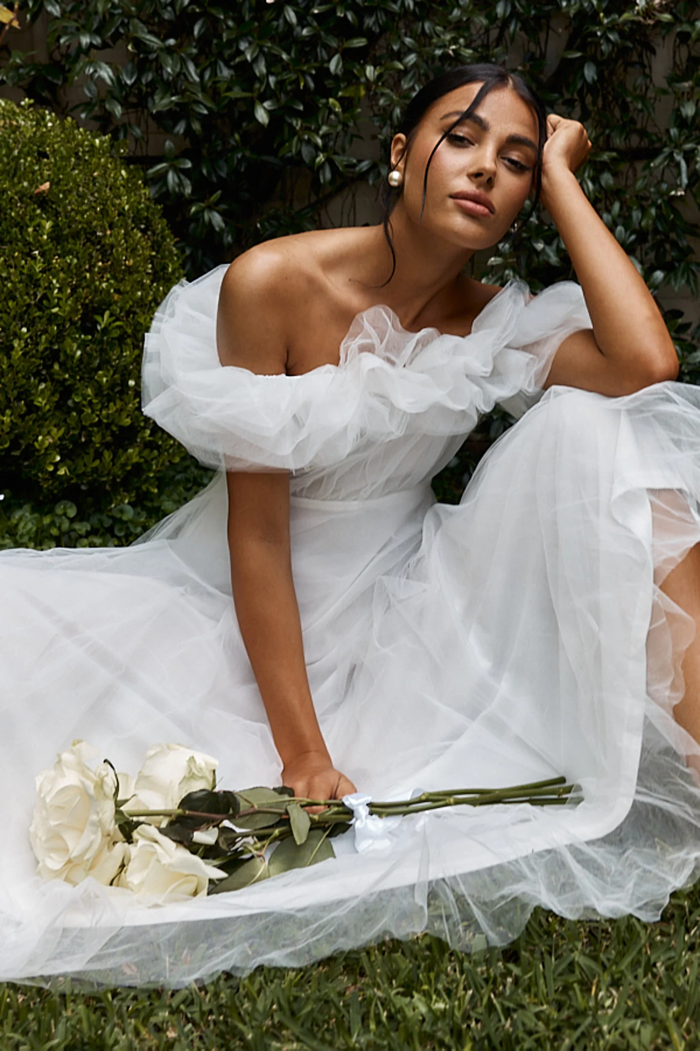 May Rose Off-Shoulder Tulle Midi Dress Off White - Seraphlike