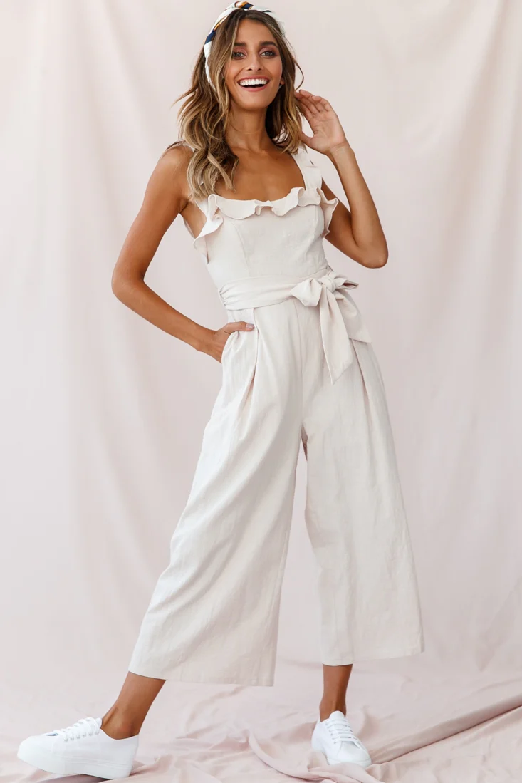 Kaia Ruffle Strap Wide-Leg Capri Jumpsuit Beige - Seraphlike