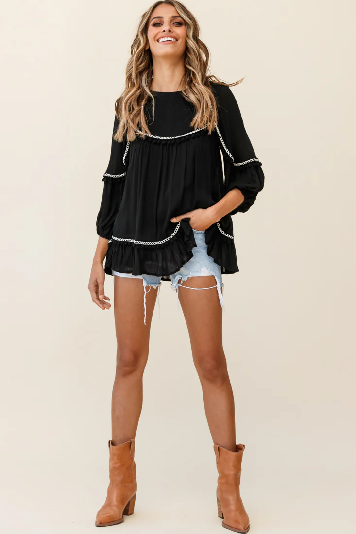 Marionette Three-Quarter Sleeve Pom-Pom Top Black - Seraphlike