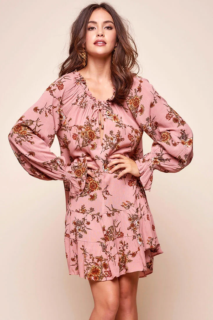 Joyce Floral Hippie Loose Fit Dress Rose - Seraphlike