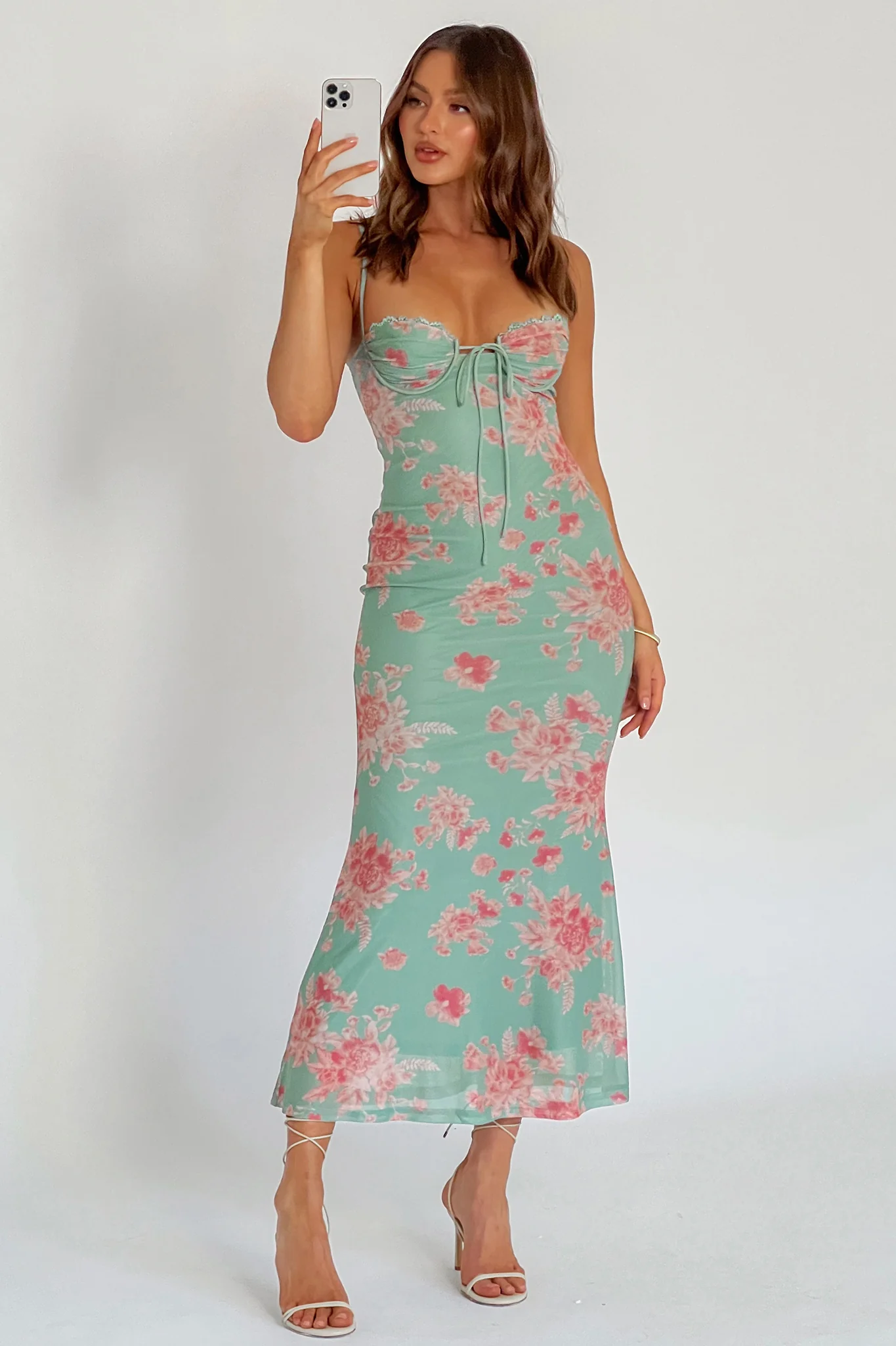 Fortune Lace Trim Mesh Midi Dress Green - Seraphlike