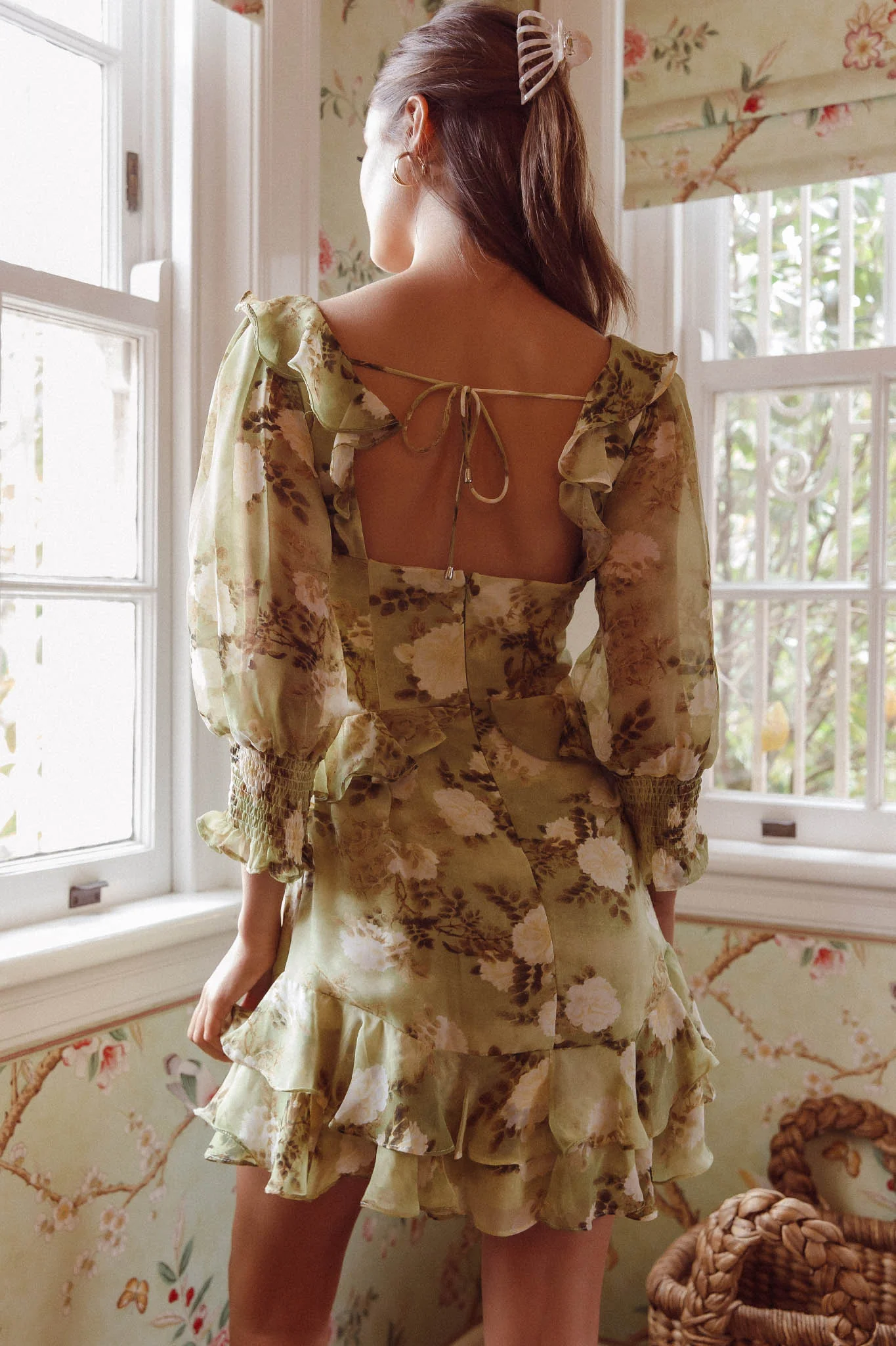 Desiree 3/4 Sleeve Sweetheart Neckline Frill Dress Floral Green - Seraphlike