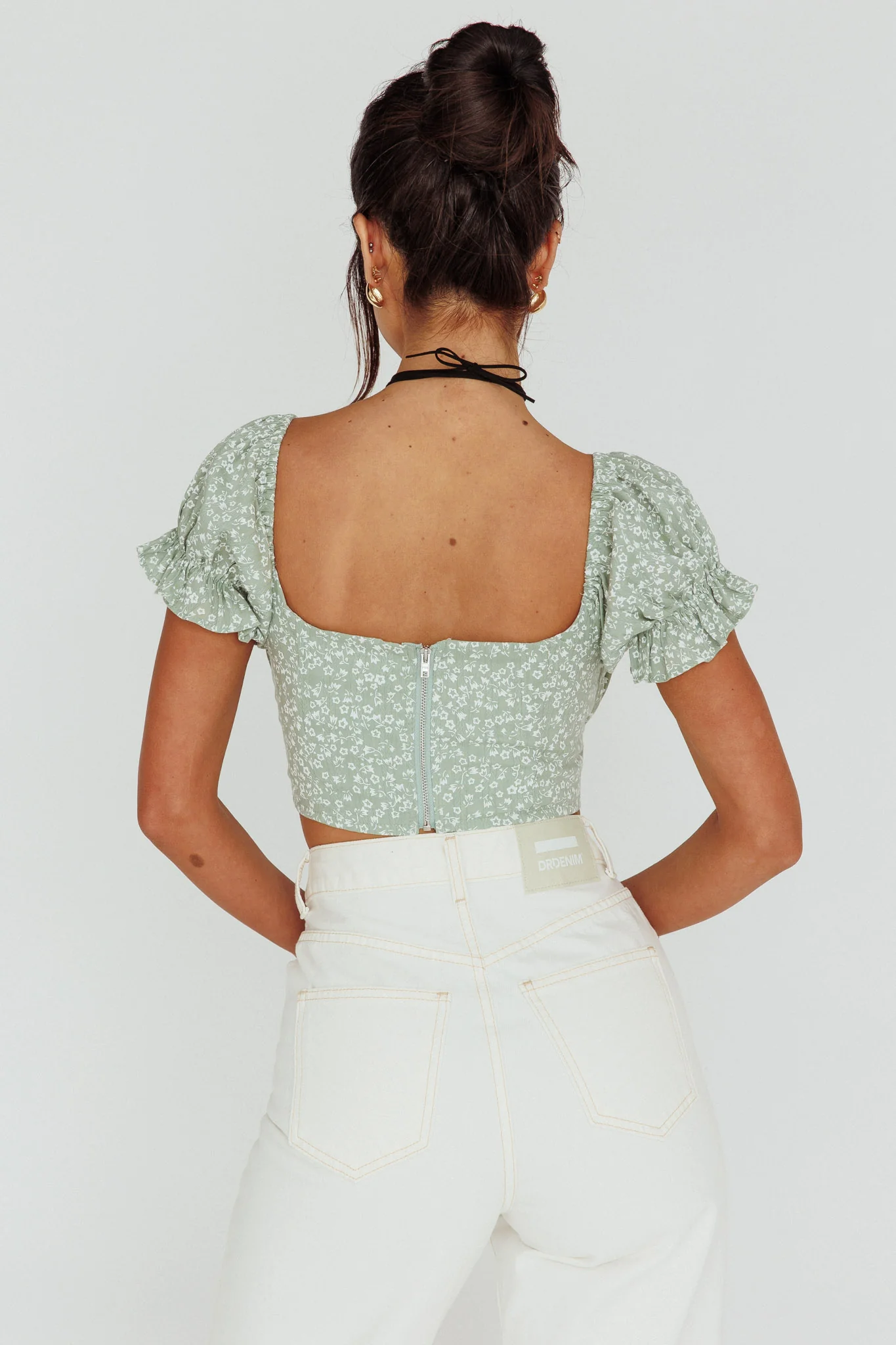 Sweet Romance Sweetheart Neckline Crop Top Floral Sage - Seraphlike