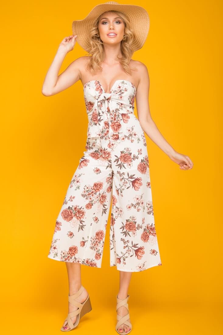 Khloe Floral Summer Bow Tie Jumpsuit White - Seraphlike