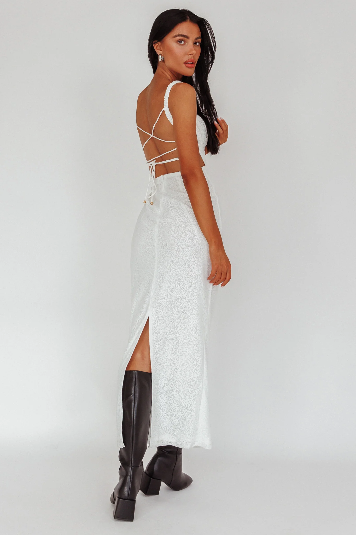 Dream Crush Lace-Up Back Mesh Overlay Midi Dress White - Seraphlike