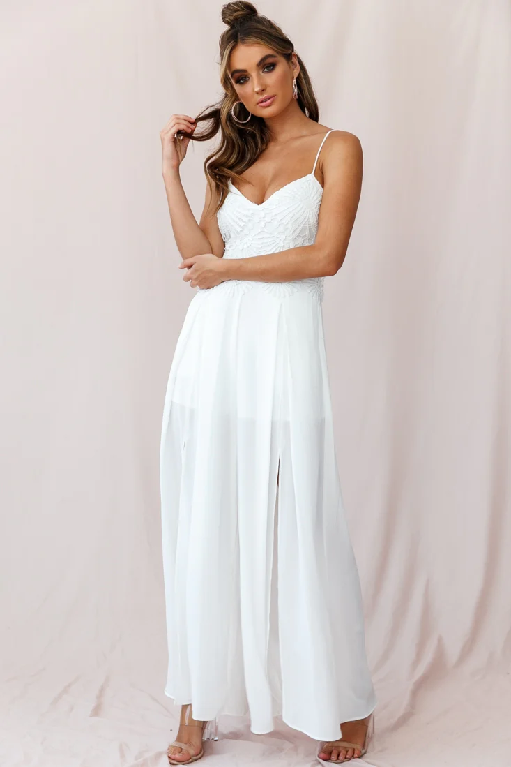 Ada Applique Embroidery Bust Wide Leg Jumpsuit White - Seraphlike