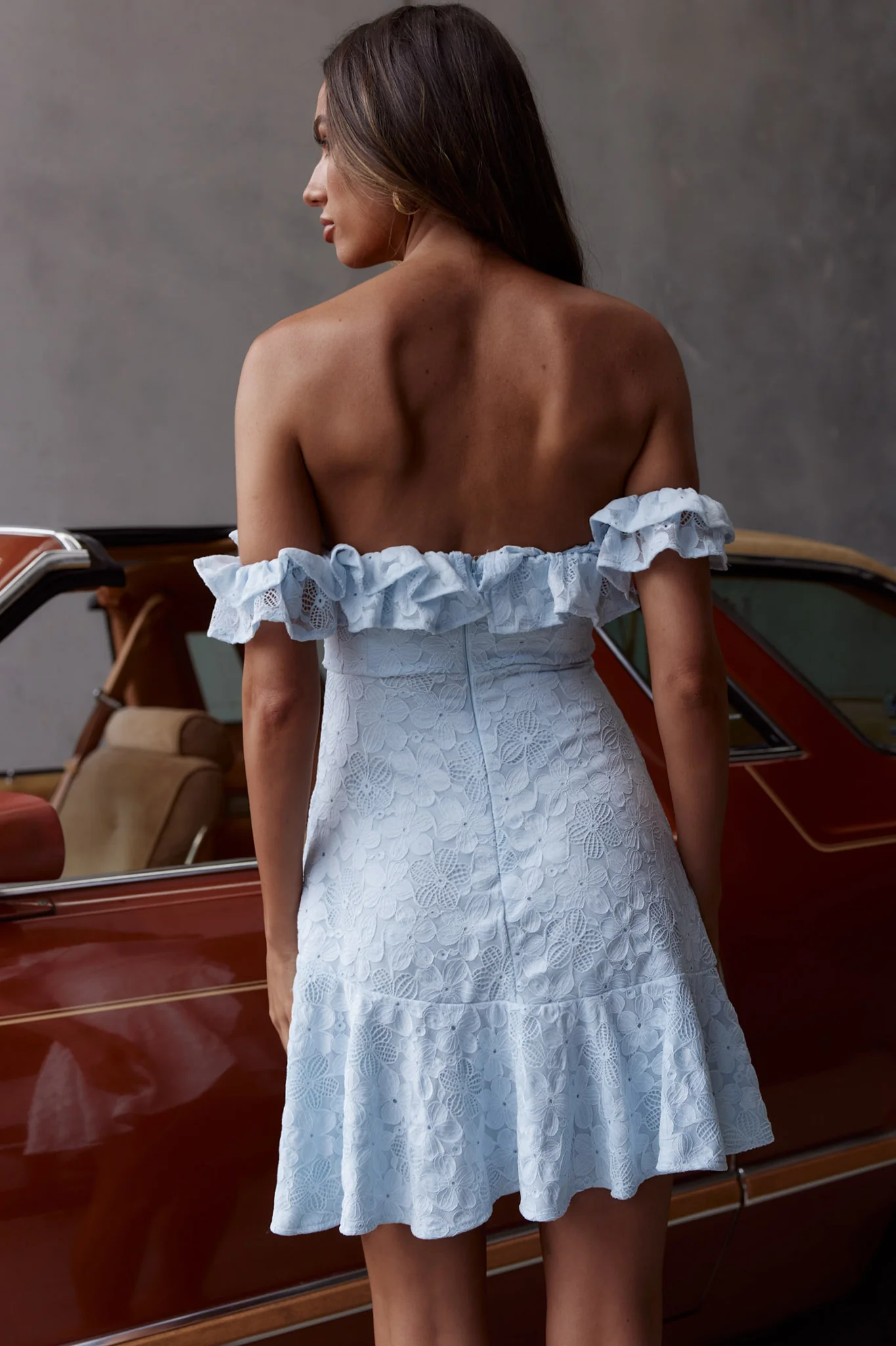 Verona Off-Shoulder Ruffle Mini Dress Steel Blue - Seraphlike