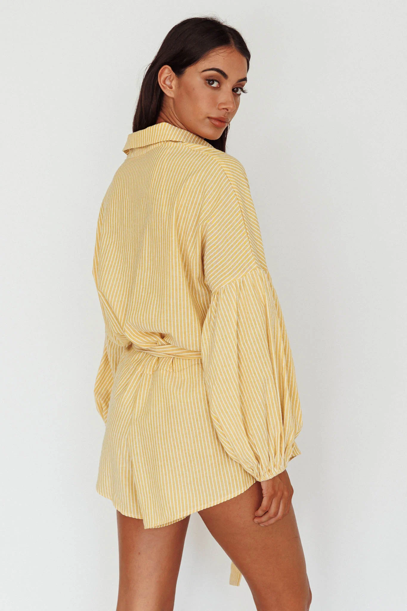 Daytona Beach Long Sleeve Shirt Romper Yellow Stripe - Seraphlike