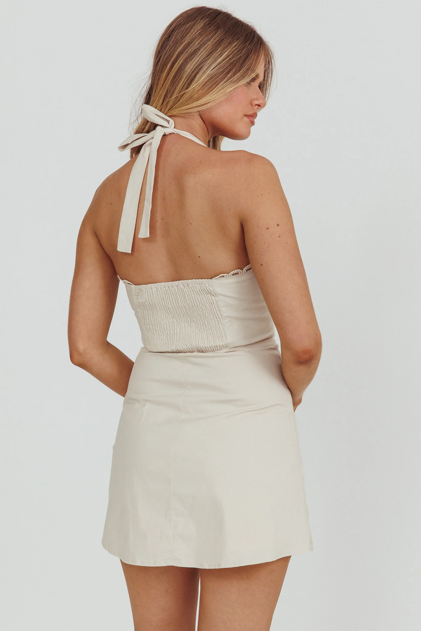 Jovial Halterneck Mini Dress Stone - Seraphlike