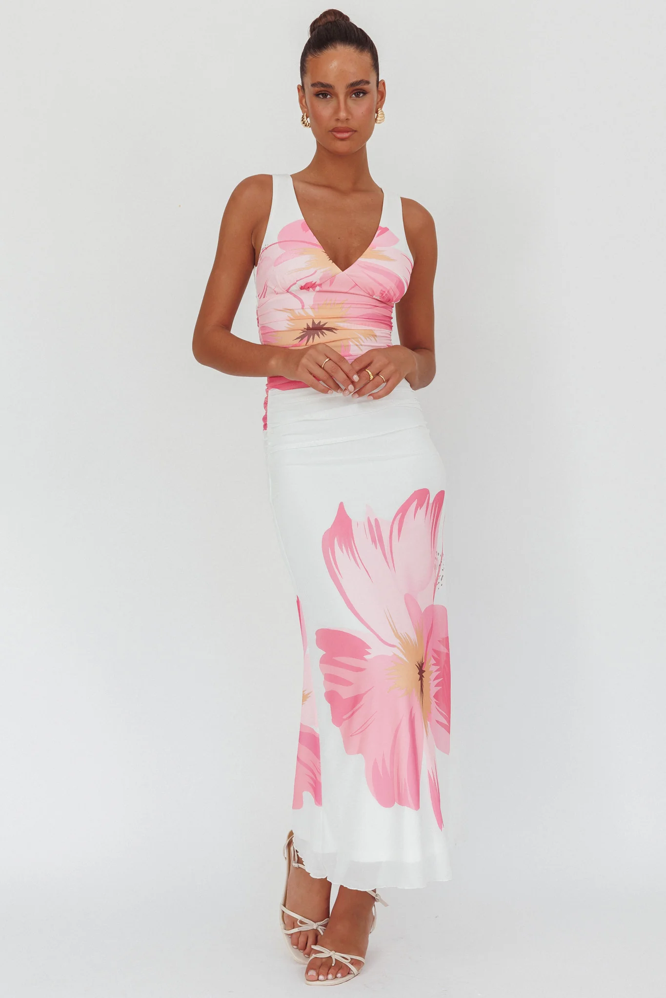 Oliana V-Neck Mesh Maxi Dress Hibiscus White/Pink - Seraphlike