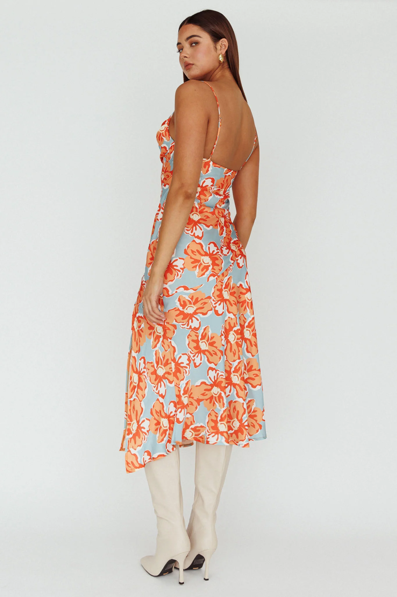 Well Versed Pleated Bust Front Split Dress Flowers Orange - Seraphlike