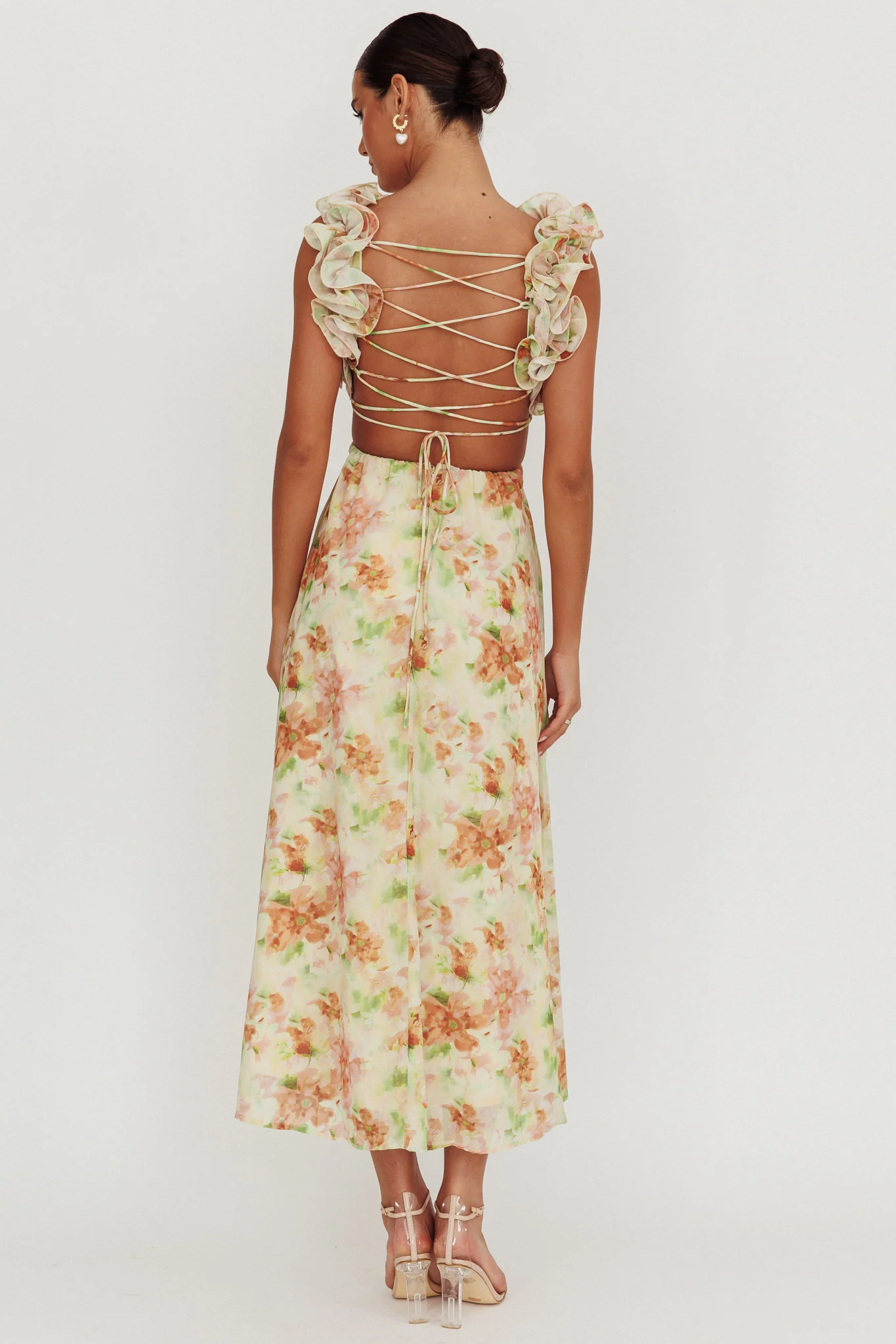 Madara Lace-Up Back Floral Maxi Dress Orange - Seraphlike