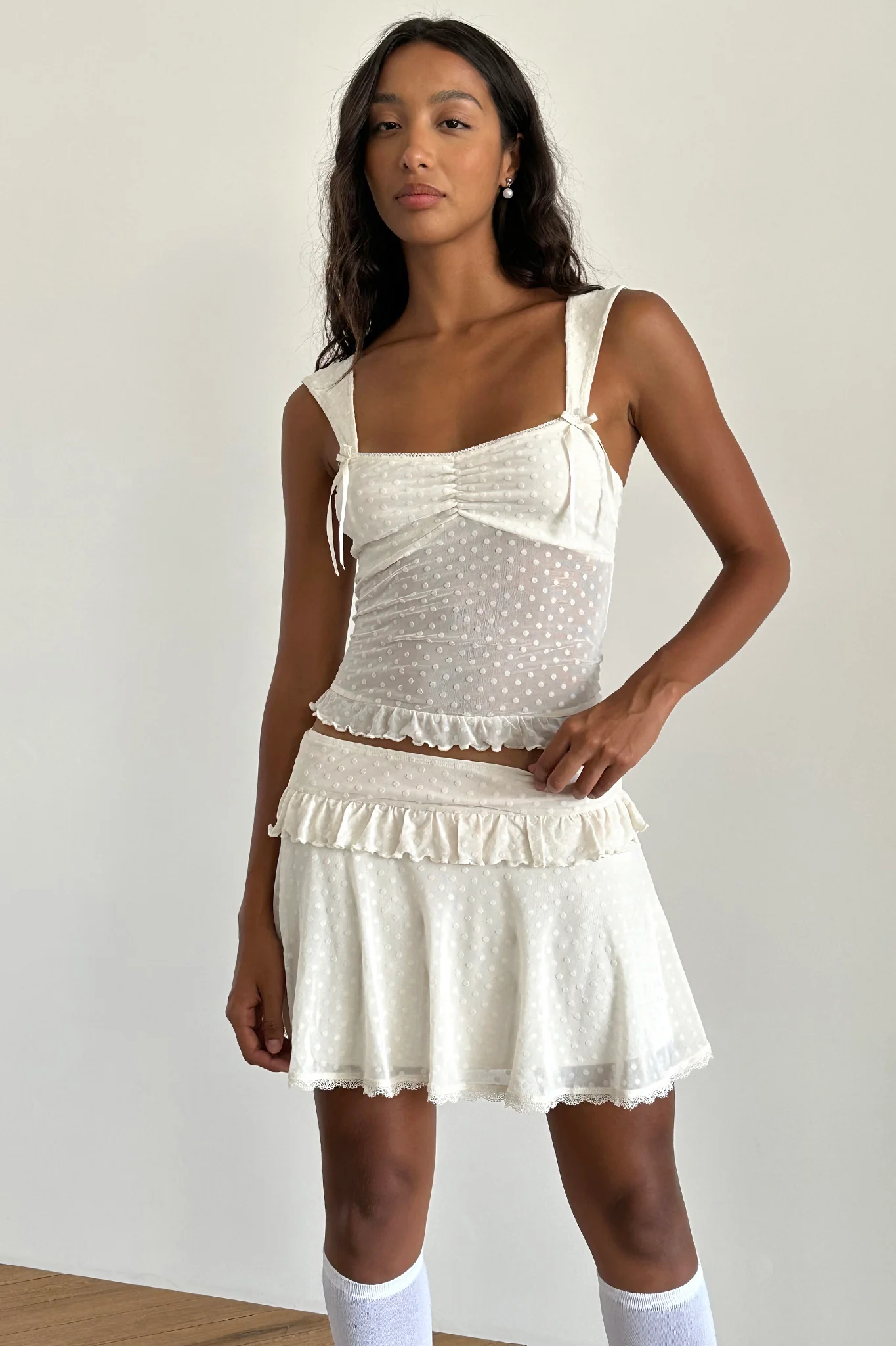 Gastri Mini Skirt In Ivory Polka Flock - Seraphlike