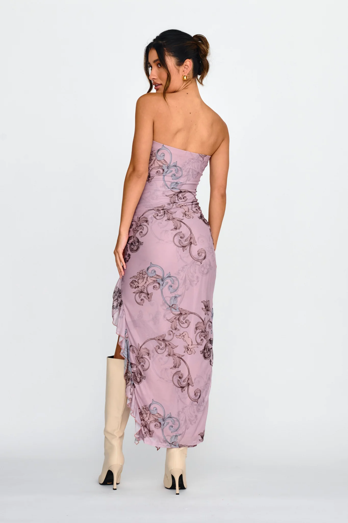 Shelby Strapless Ruffle Split Midi Dress Mauve - Seraphlike