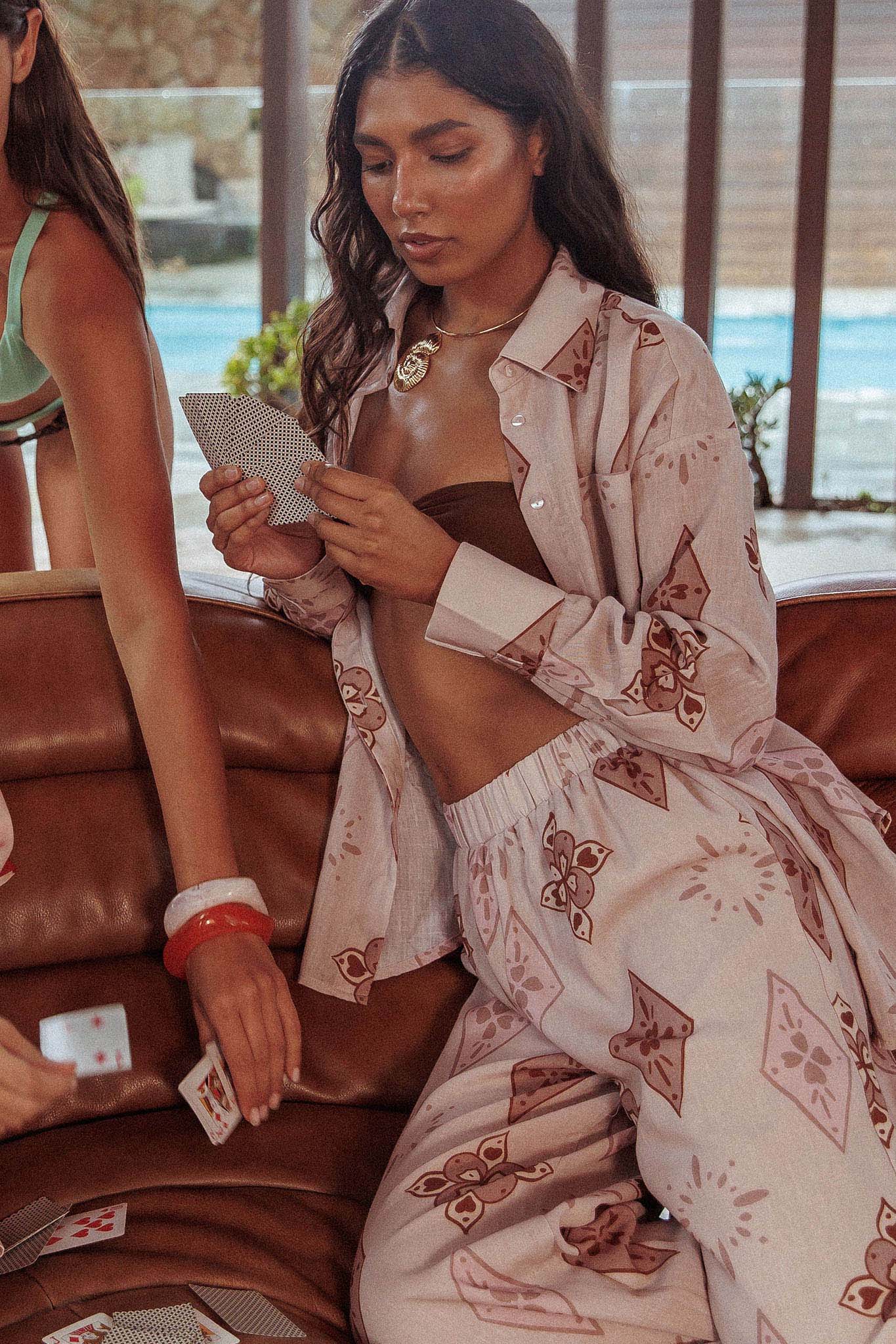 Alex Motif Collared Buttoned Shirt Mocha - Seraphlike