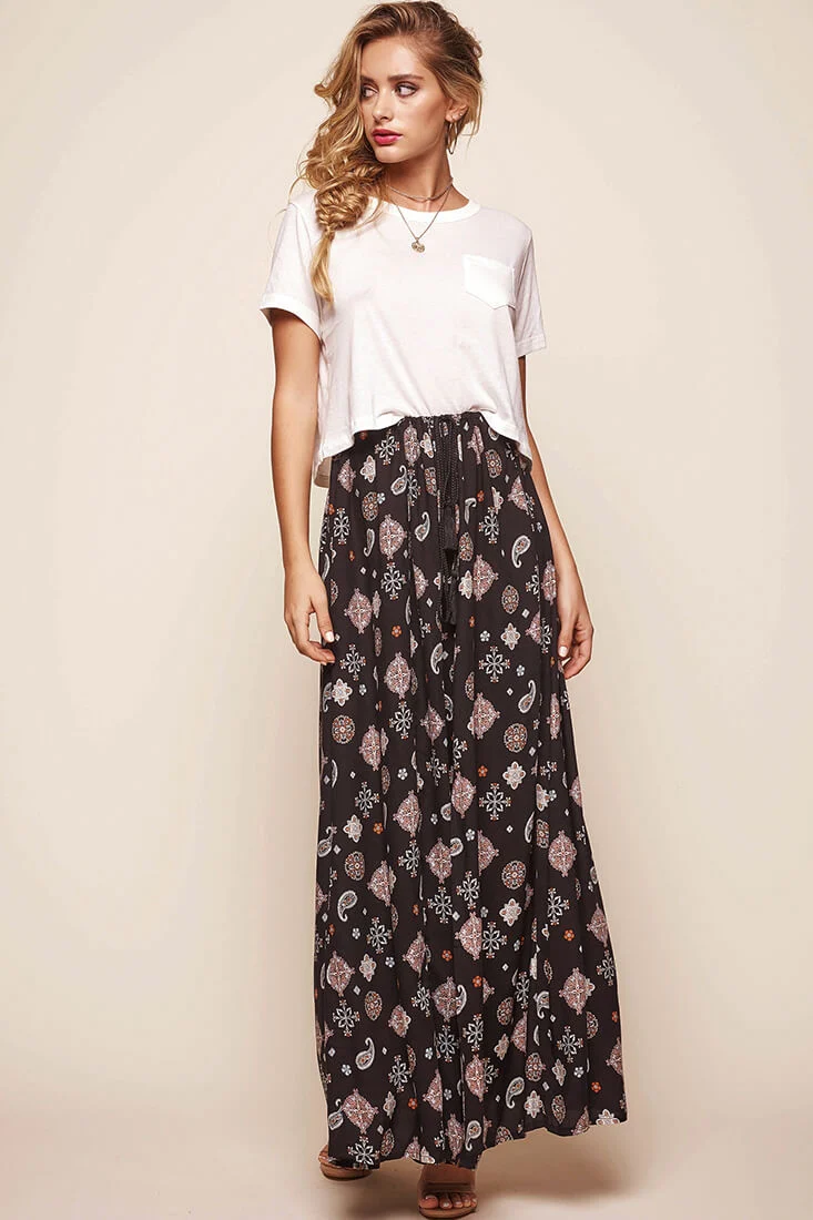 Paisley Split Maxi Skirt Black - Seraphlike