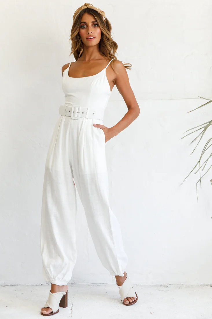 Santa Barbara Cuffed Hem Belted Jumpsuit White - Seraphlike