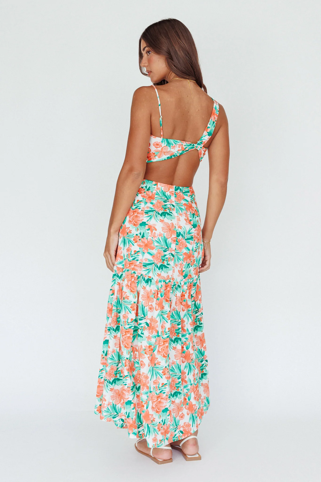 Evening Breeze Cut-Out Waist Maxi Dress Floral Orange - Seraphlike