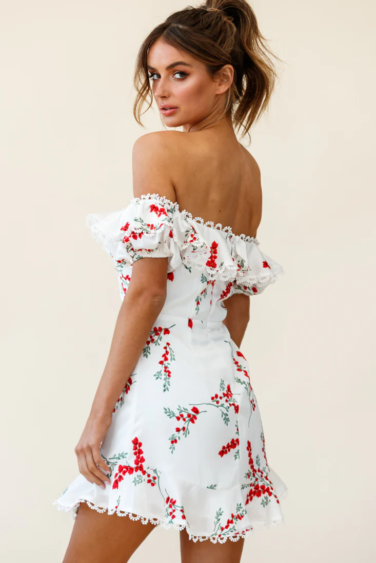 Bobby Bardot Neckline Puff Sleeve Dress Flower Spring Print White - Seraphlike