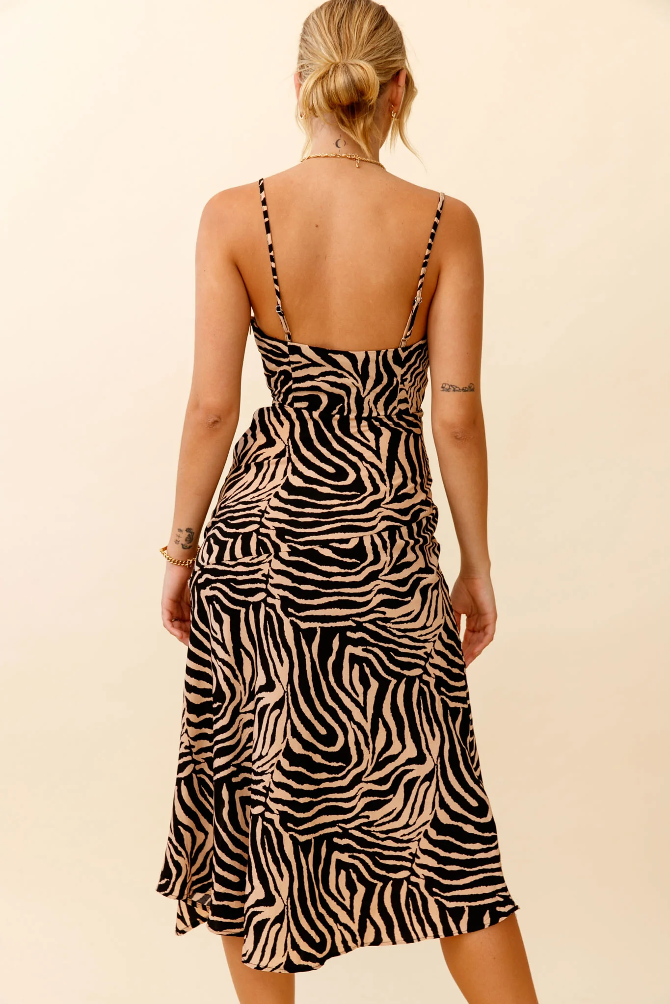 Misty Eyed Cowl Neck Thigh Split Midi Dress Animal Print Mocha - Seraphlike