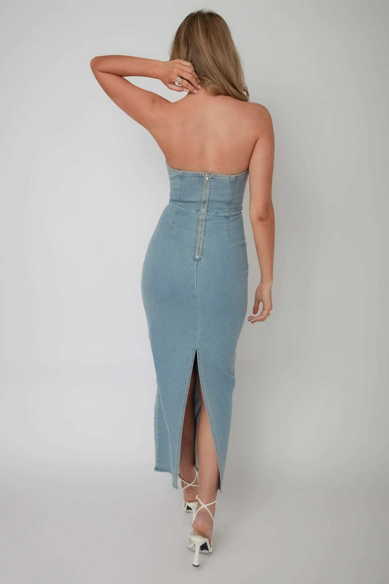 Kialyn Strapless Midi Dress Denim Blue - Seraphlike