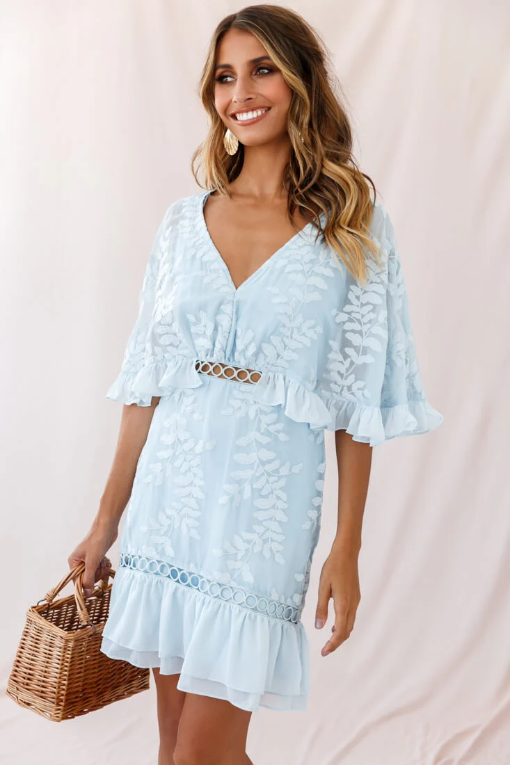 Caspar Leafy Embroidered Dress Baby Blue Tall - Seraphlike
