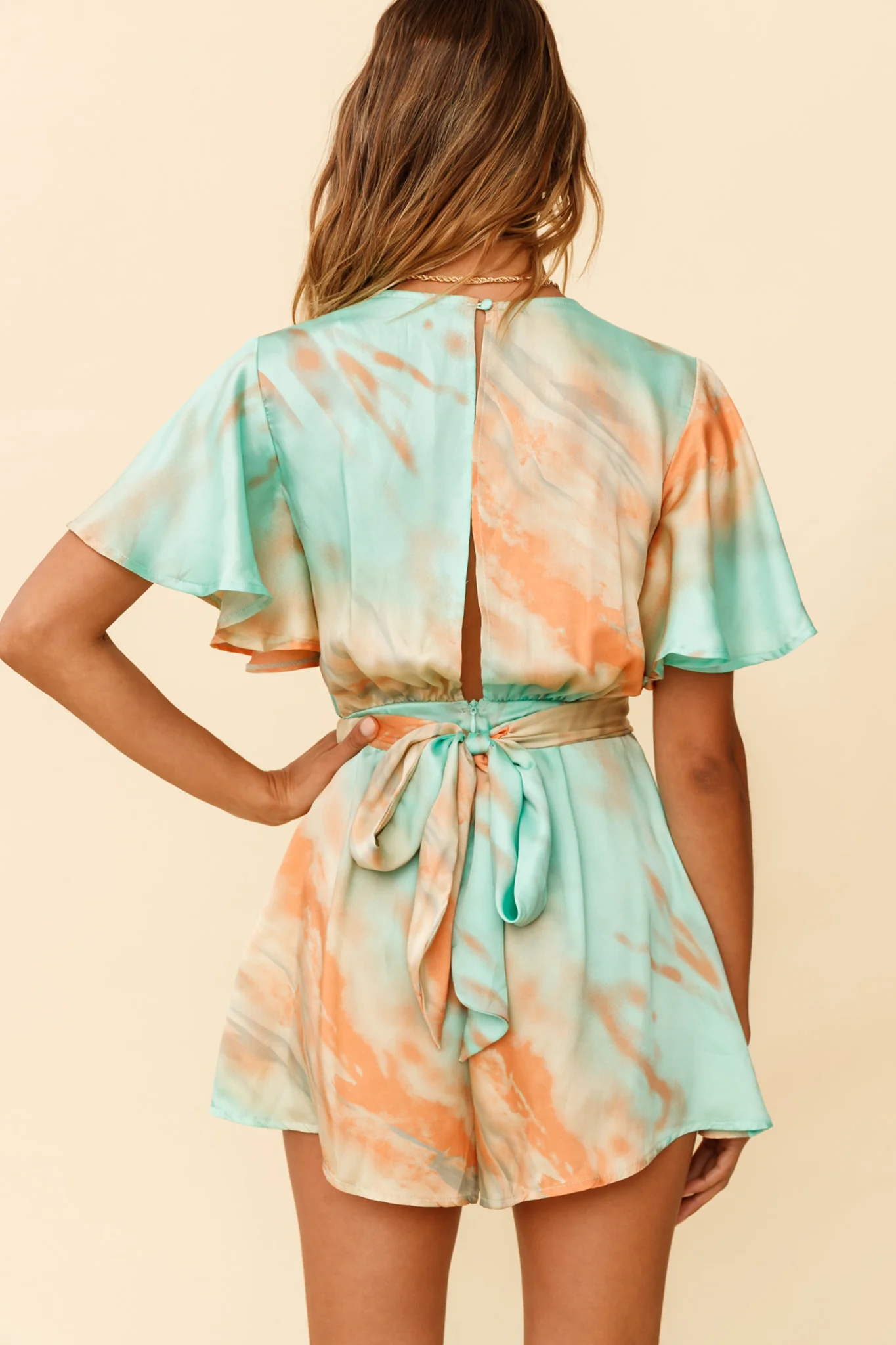 Unconditional Plunging Wrap Style Romper Marbled Tie Dye Aqua/Orange - Seraphlike