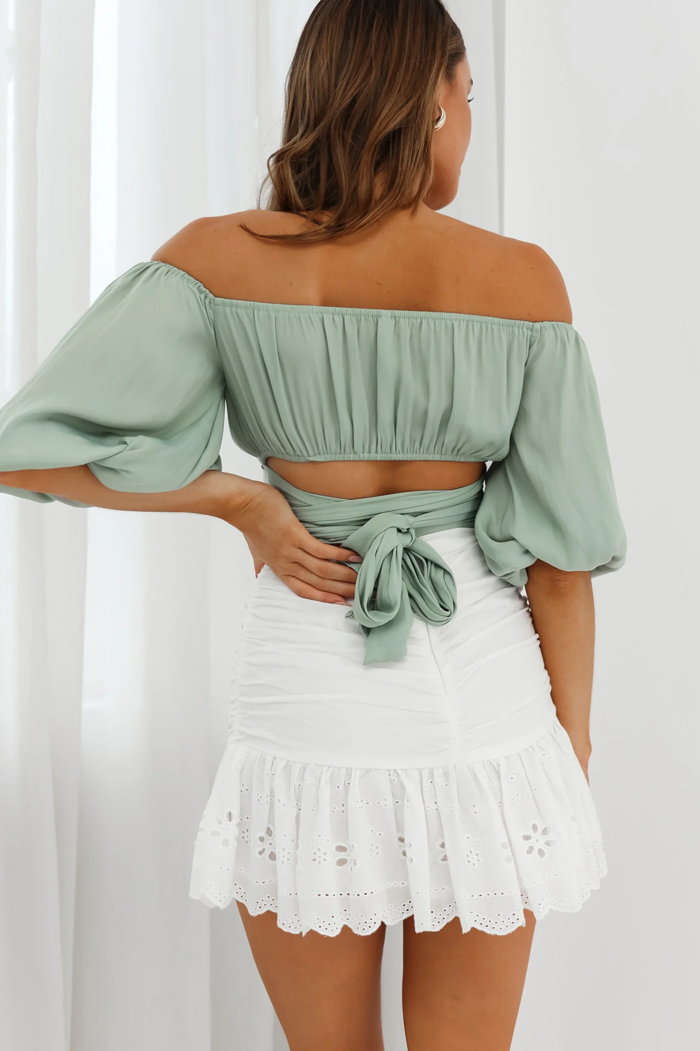 Linka Off-Shoulder Half Sleeve Tie-Back Crop Top Pistachio - Seraphlike
