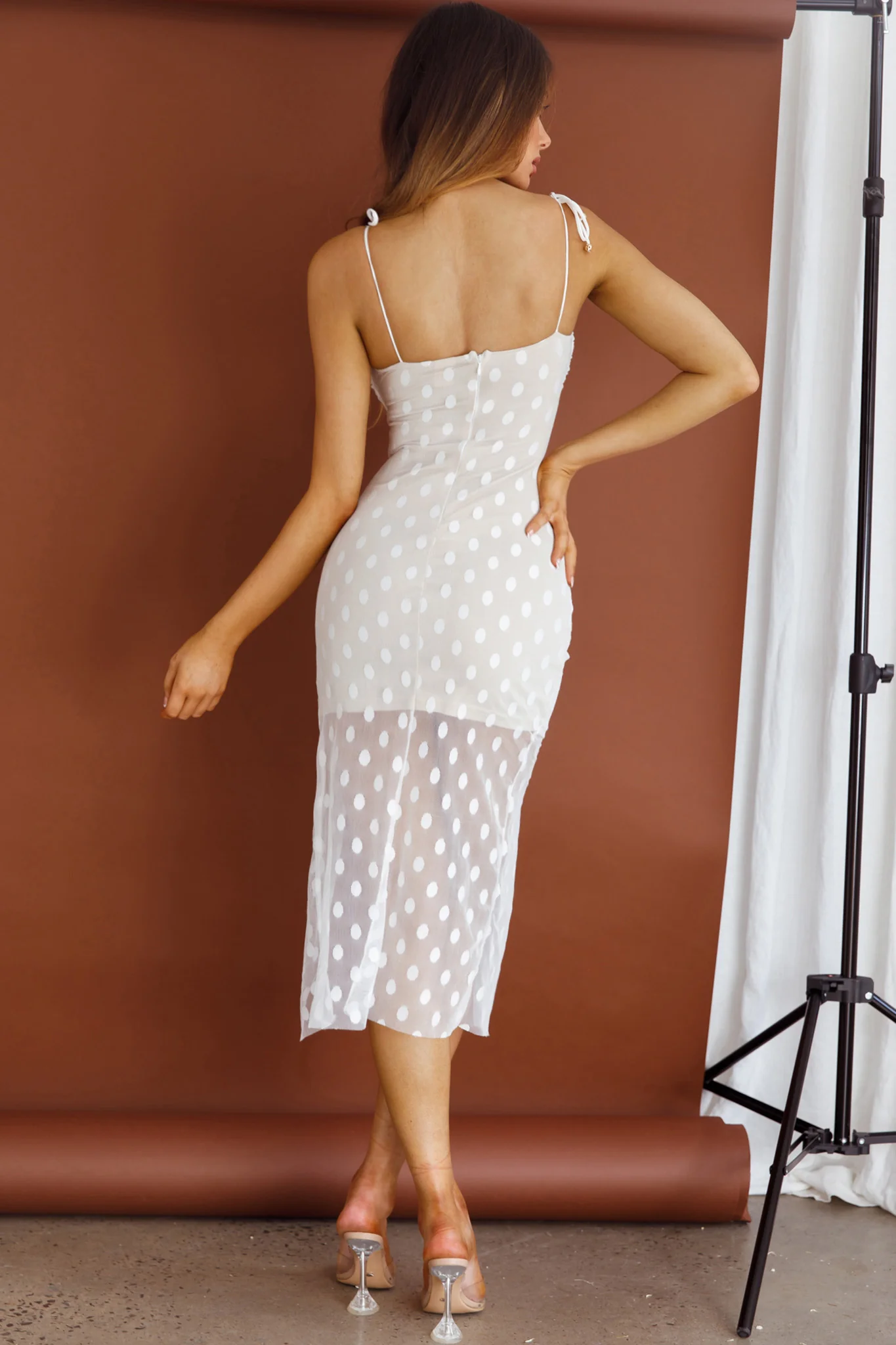 First Avenue Tied Strap Mesh Midi Dress Polka Dot White - Seraphlike