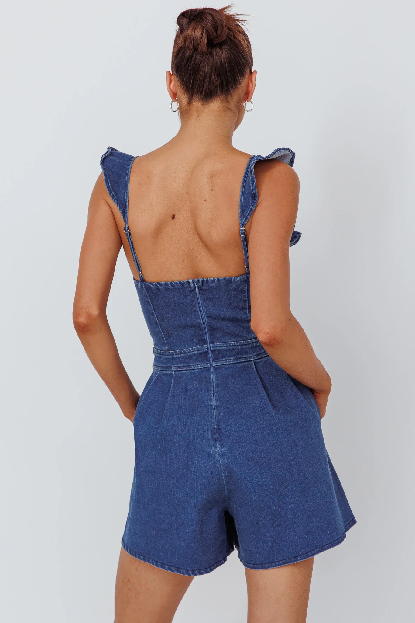 Nola Flared Ruffle Romper Light Denim - Seraphlike