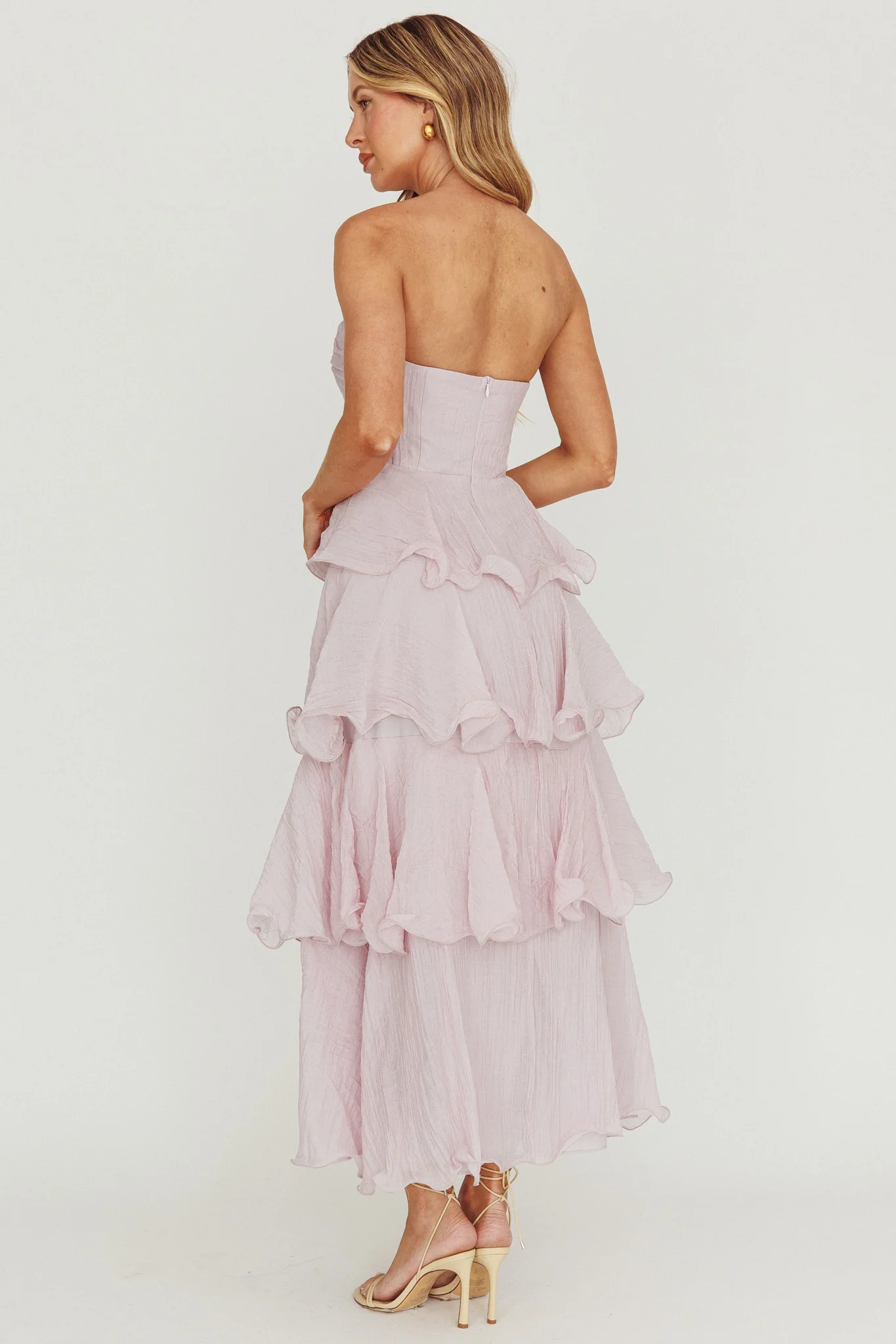 Giavana Strapless Layered Ruffles Midi Dress Lilac - Seraphlike