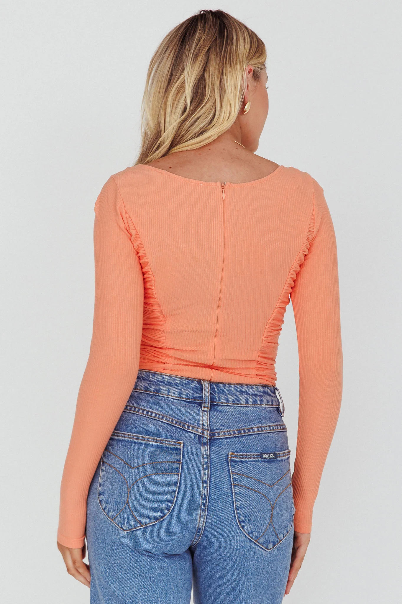 Bobbi Long Sleeve Ruched Side Ribbed Bodysuit Orange - Seraphlike