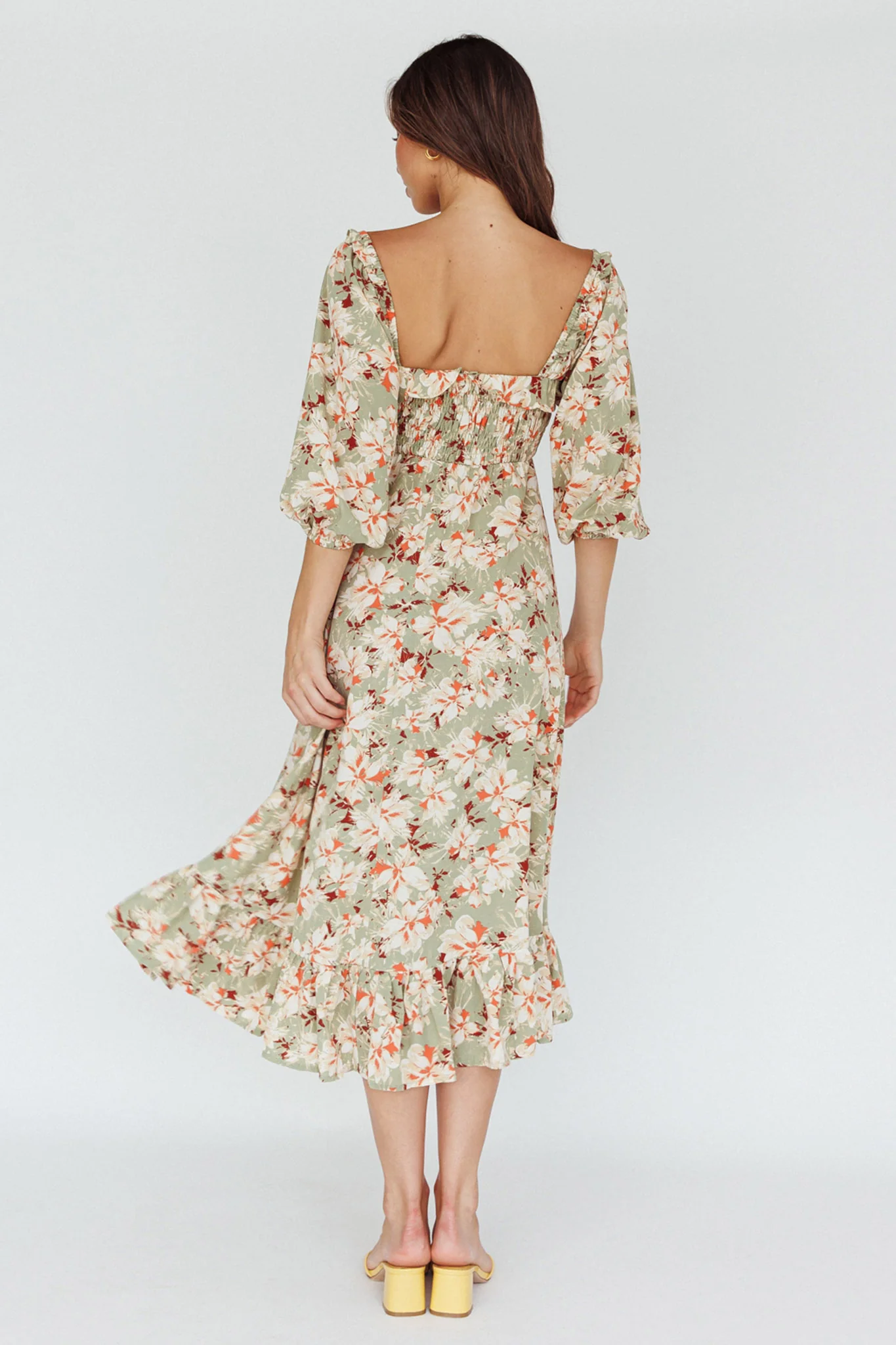 Flynn Balloon Sleeve Shirred Midi Dress Floral Green - Seraphlike