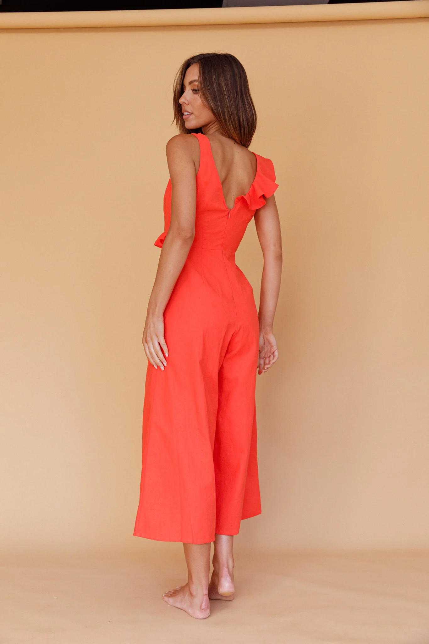 Cheryl Ruffle Strap Wide Leg Jumpsuit Tangerine - Seraphlike