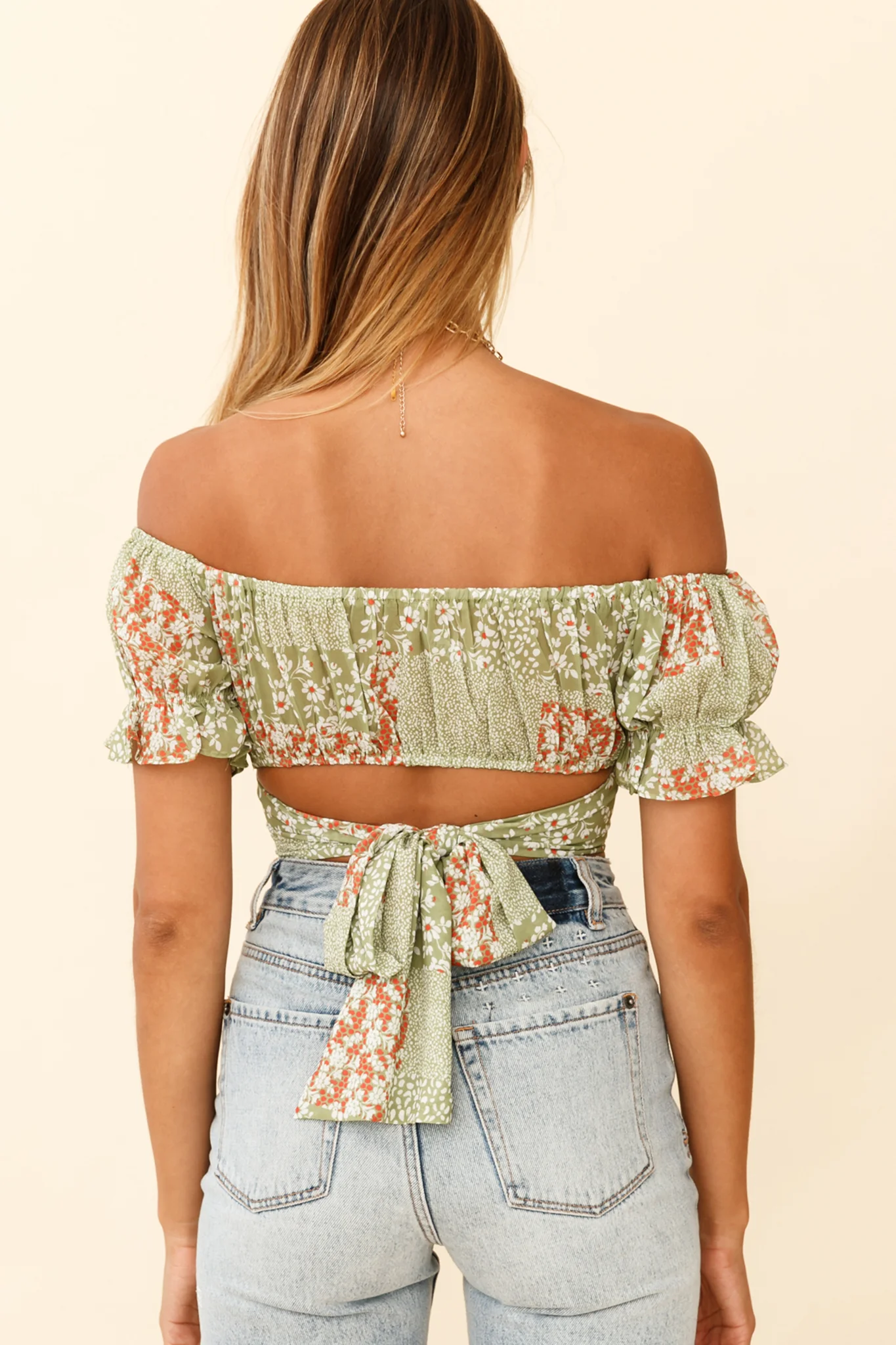 Linka Off-Shoulder Tie-Back Crop Top Mini Flower Print Green - Seraphlike