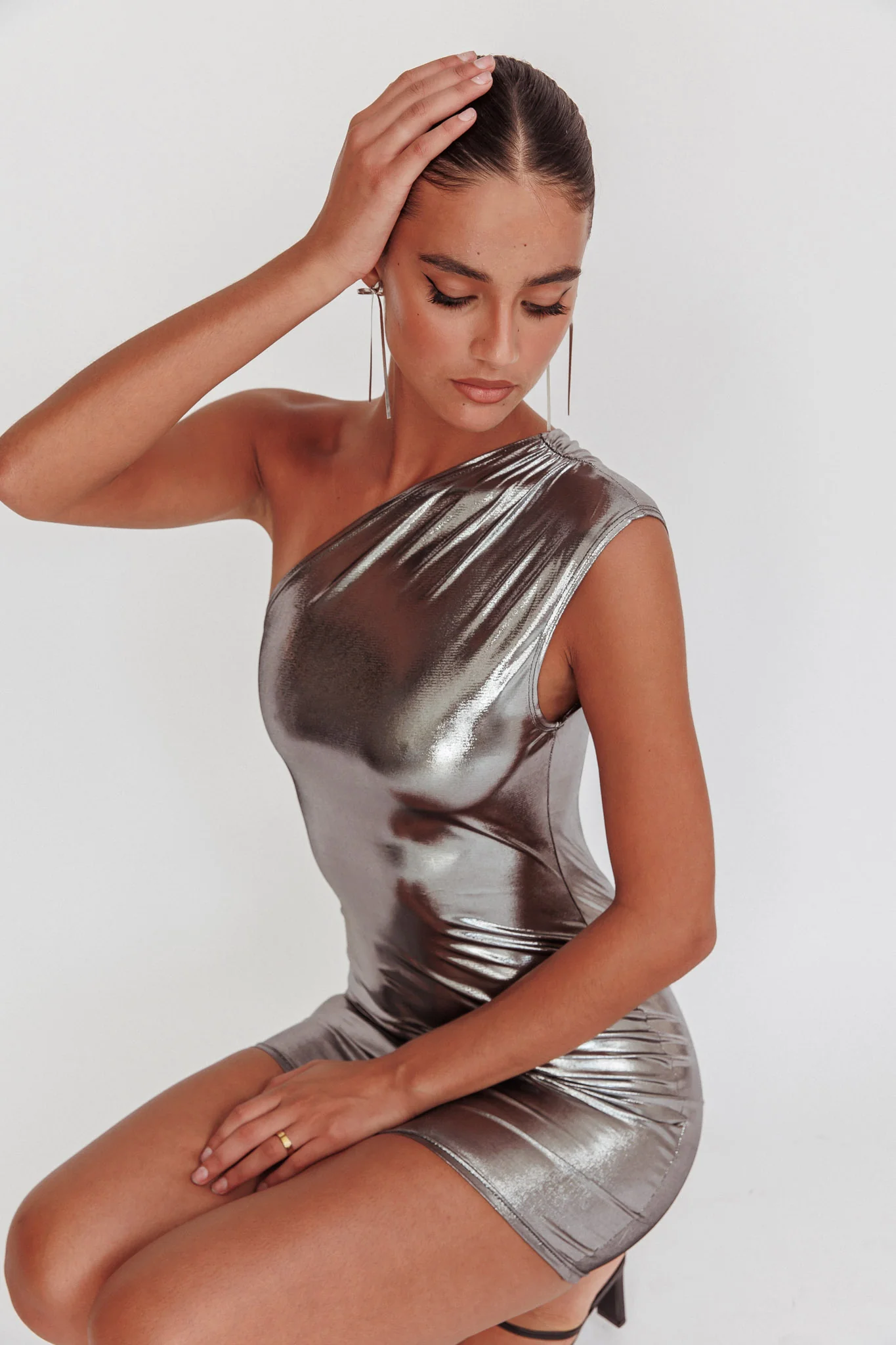 Glitter One-Shoulder Mini Dress Silver - Seraphlike
