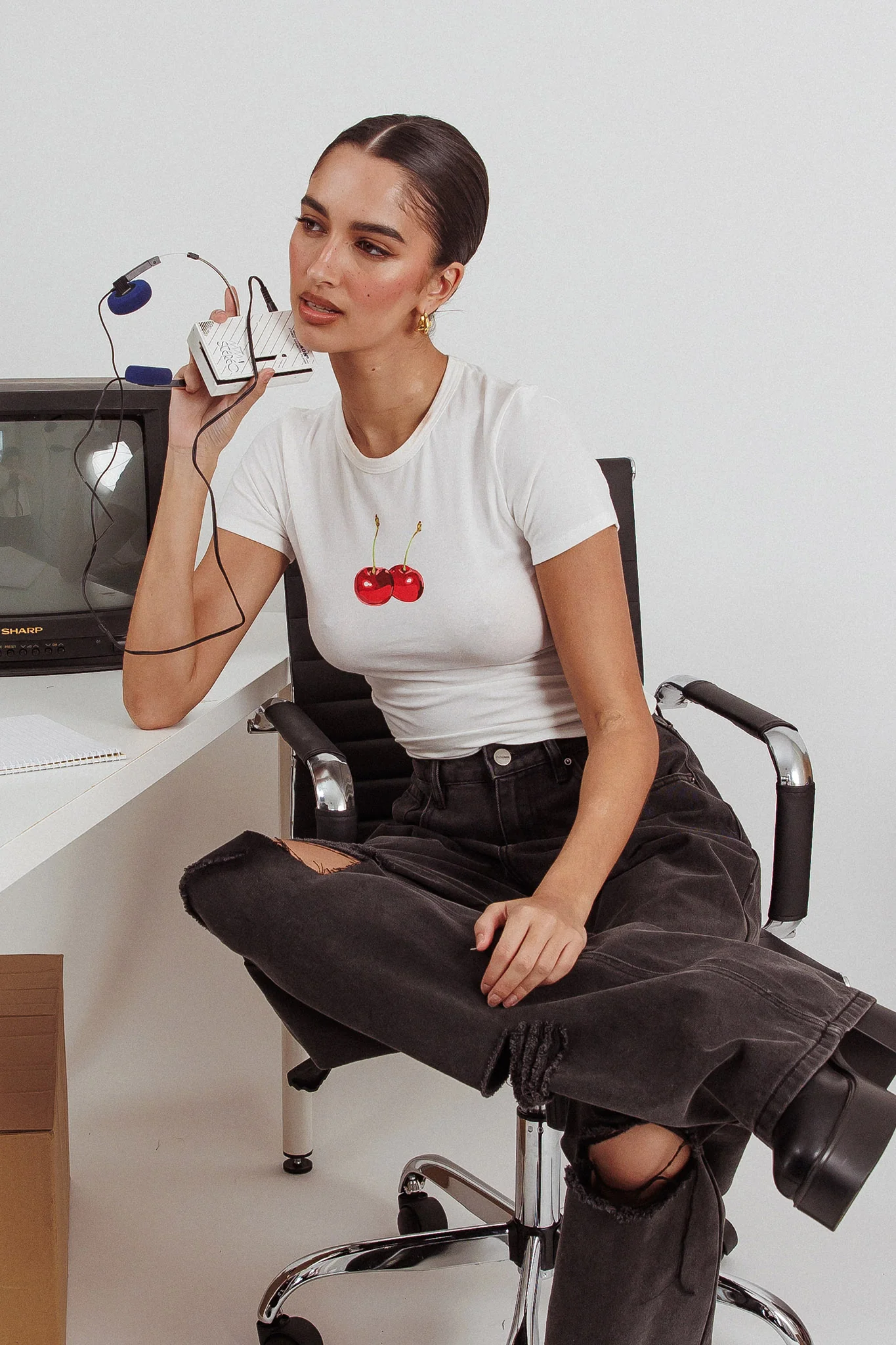 Lanna Cherry Print Baby Tee White - Seraphlike