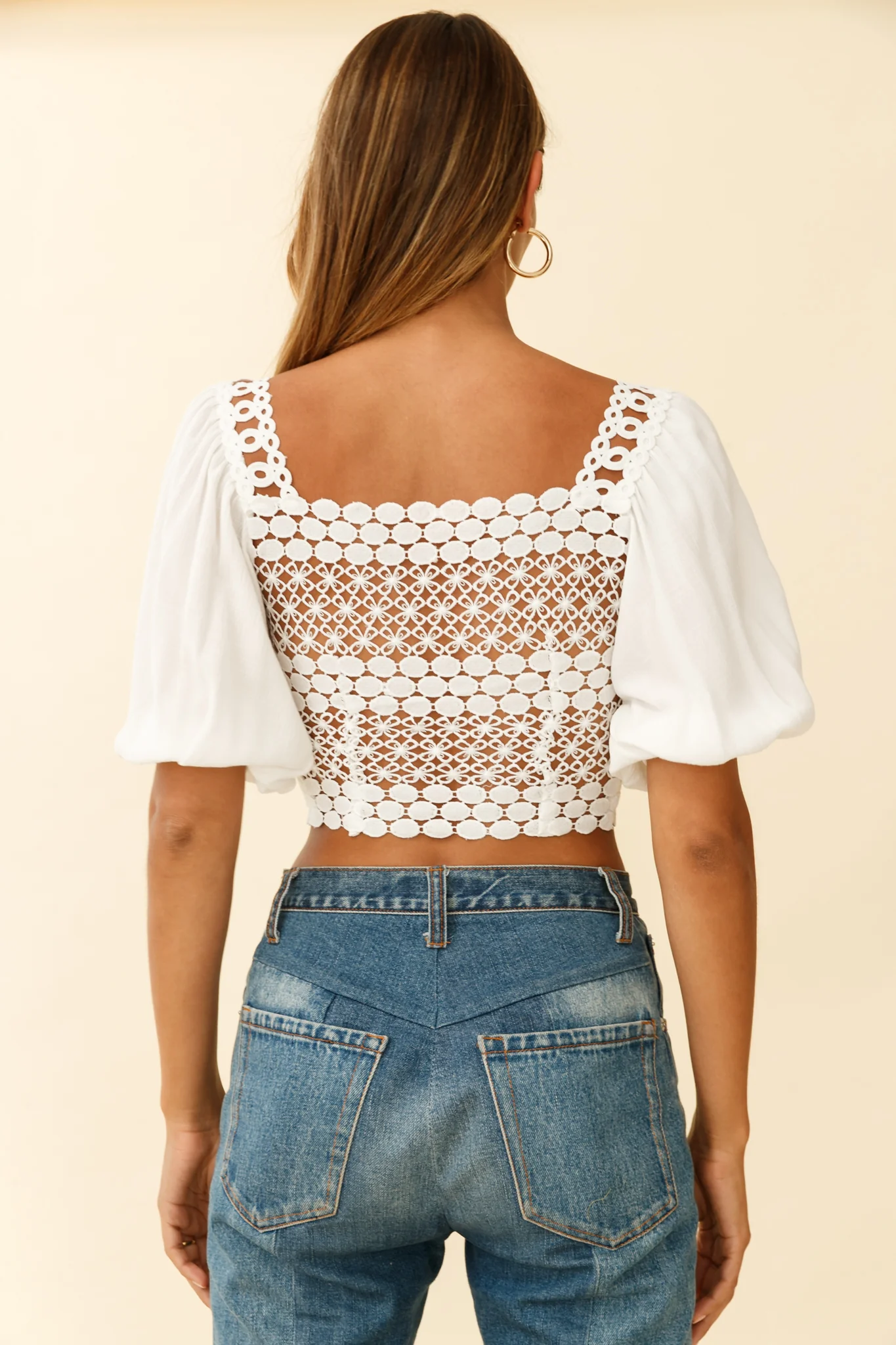 Golden Hour Lace-Up Front Crochet Crop Top White - Seraphlike