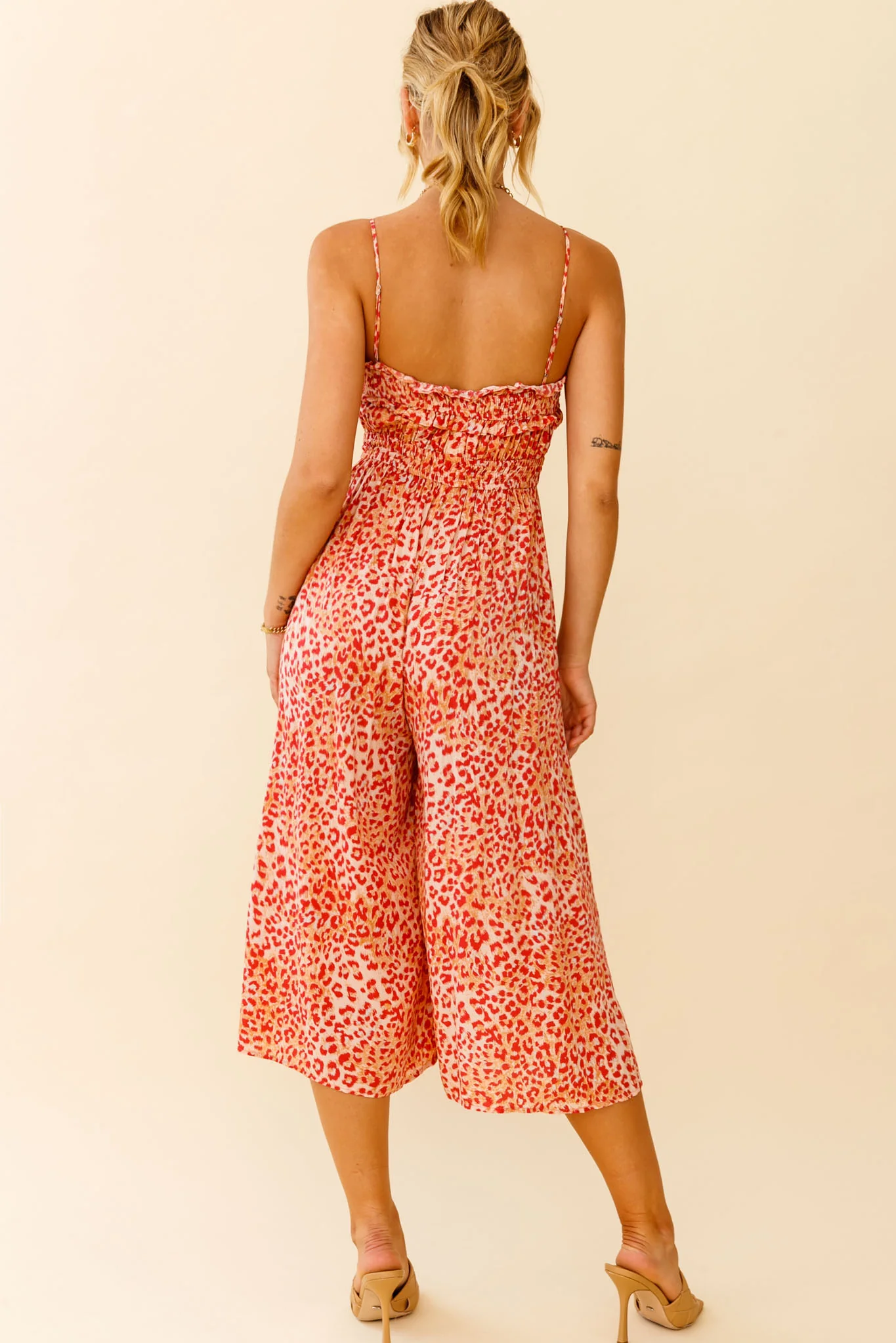 Weekend Escape Cami Strap Drawstring Jumpsuit Animal Print Orange - Seraphlike