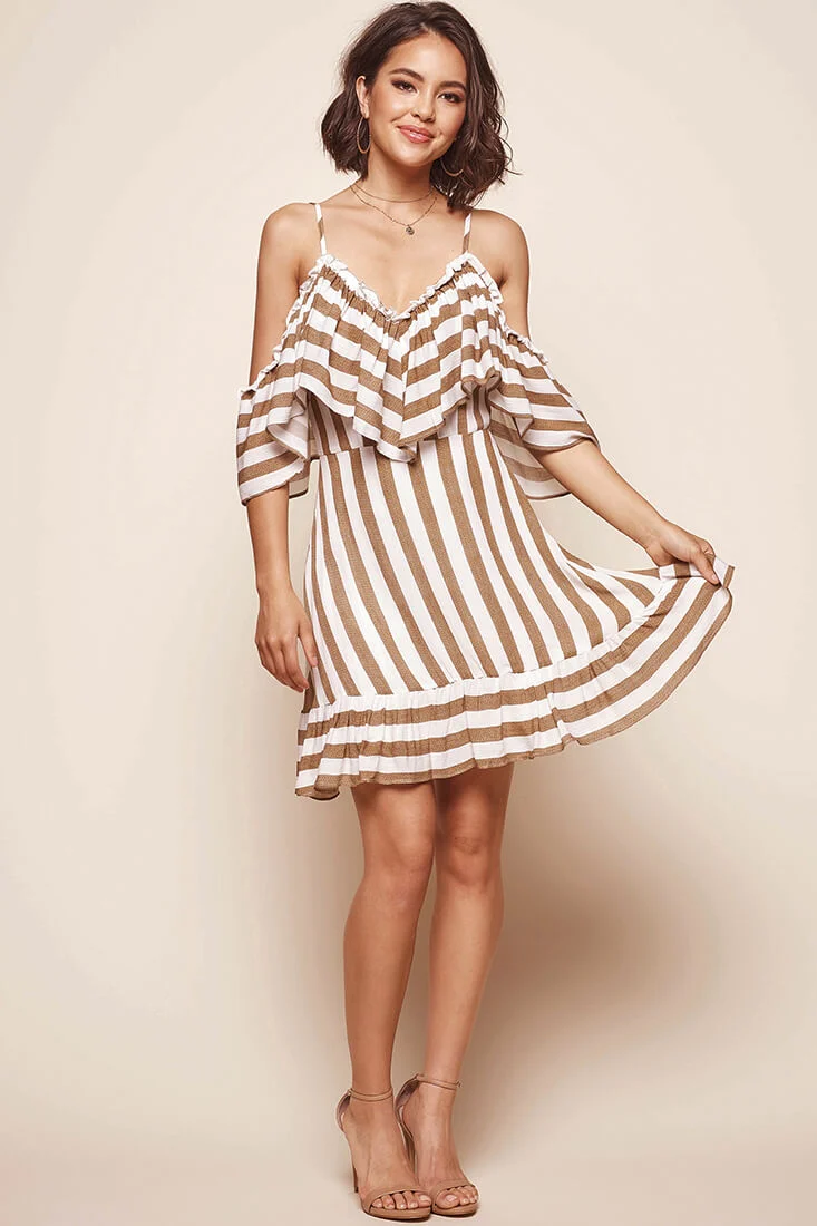 Fawn Cold Shoulder Striped Dress Beige - Seraphlike