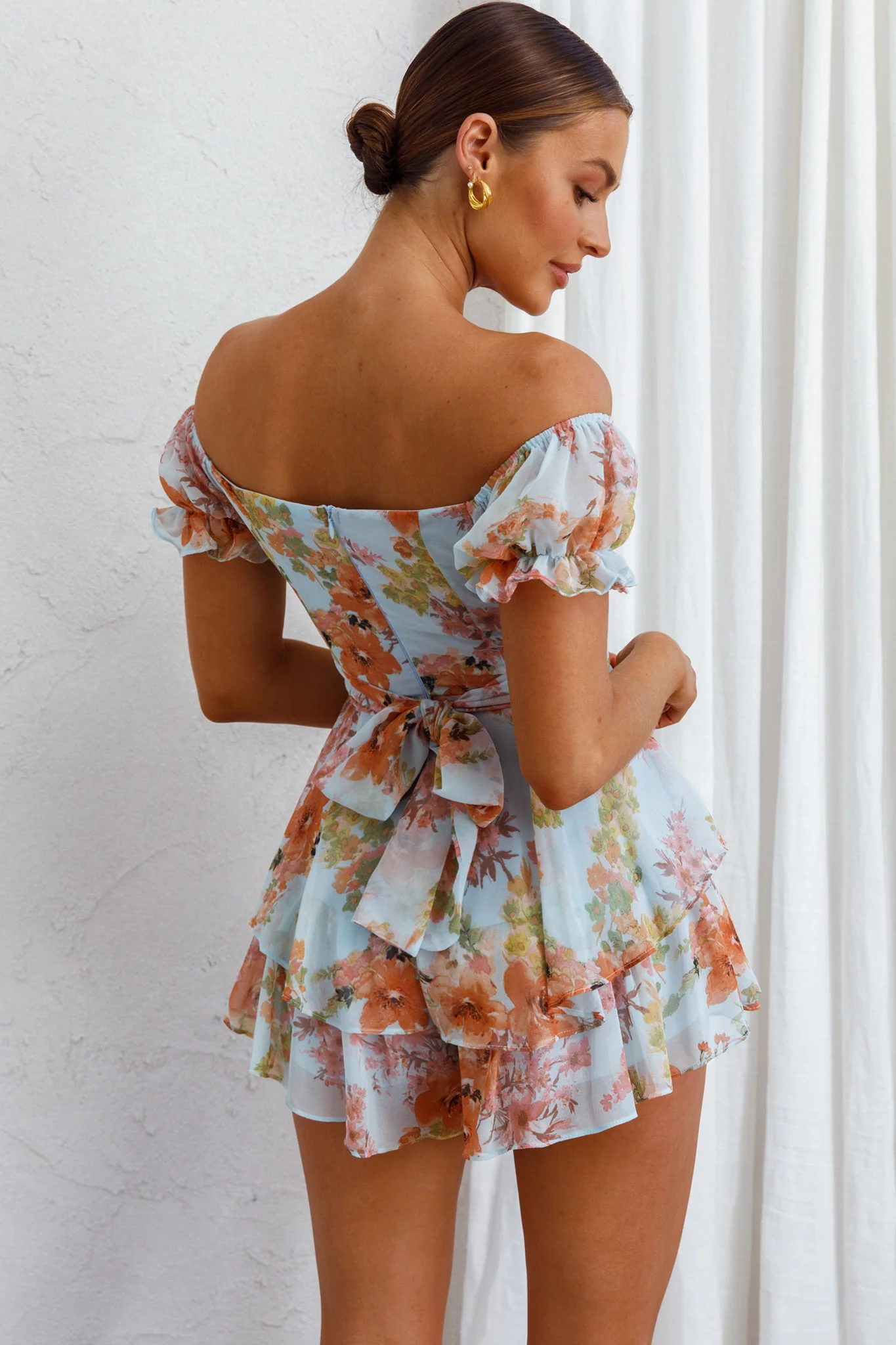 Linka Off-Shoulder Tie Back Romper Floral Blue - Seraphlike