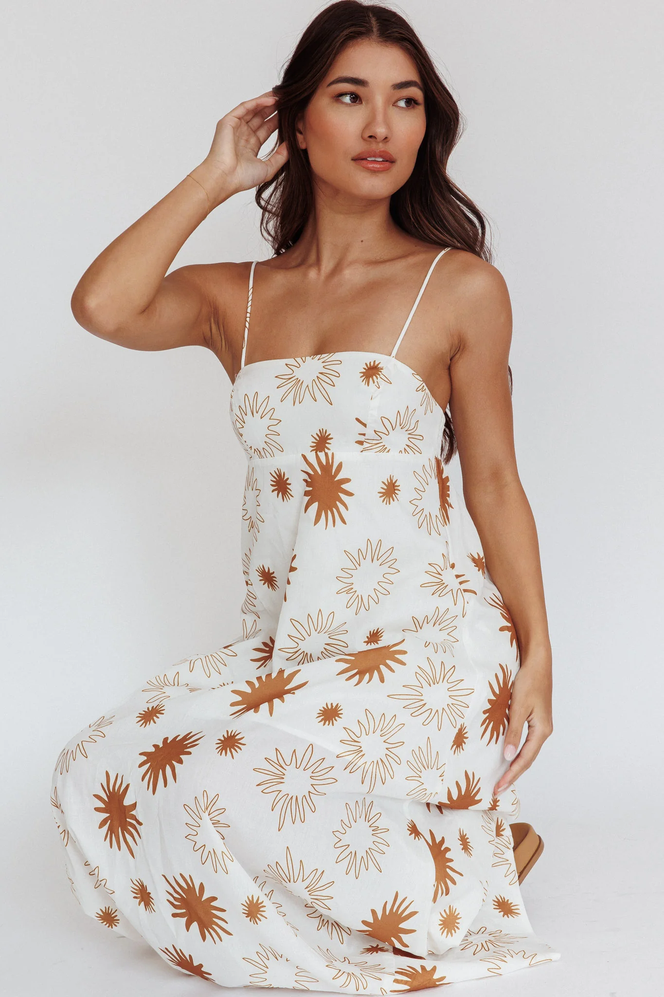 Midsummer Sun Print Maxi Dress White Green - Seraphlike
