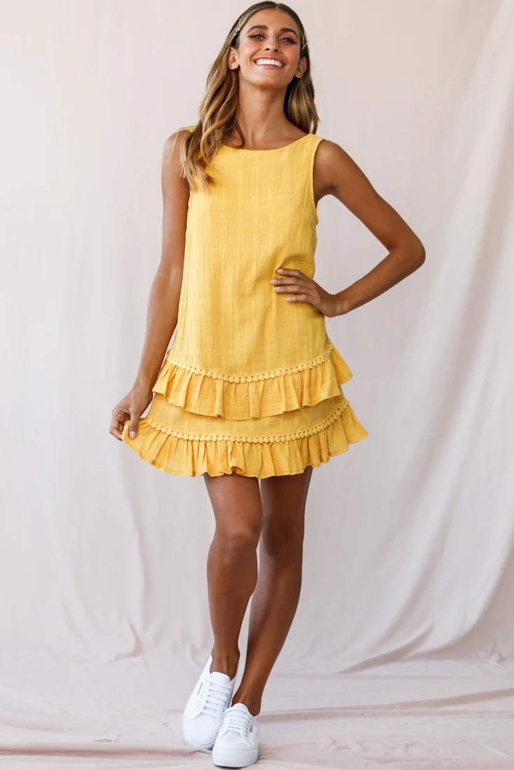 Candice Tiered Frill Hem Scooped Back Dress Yellow - Seraphlike